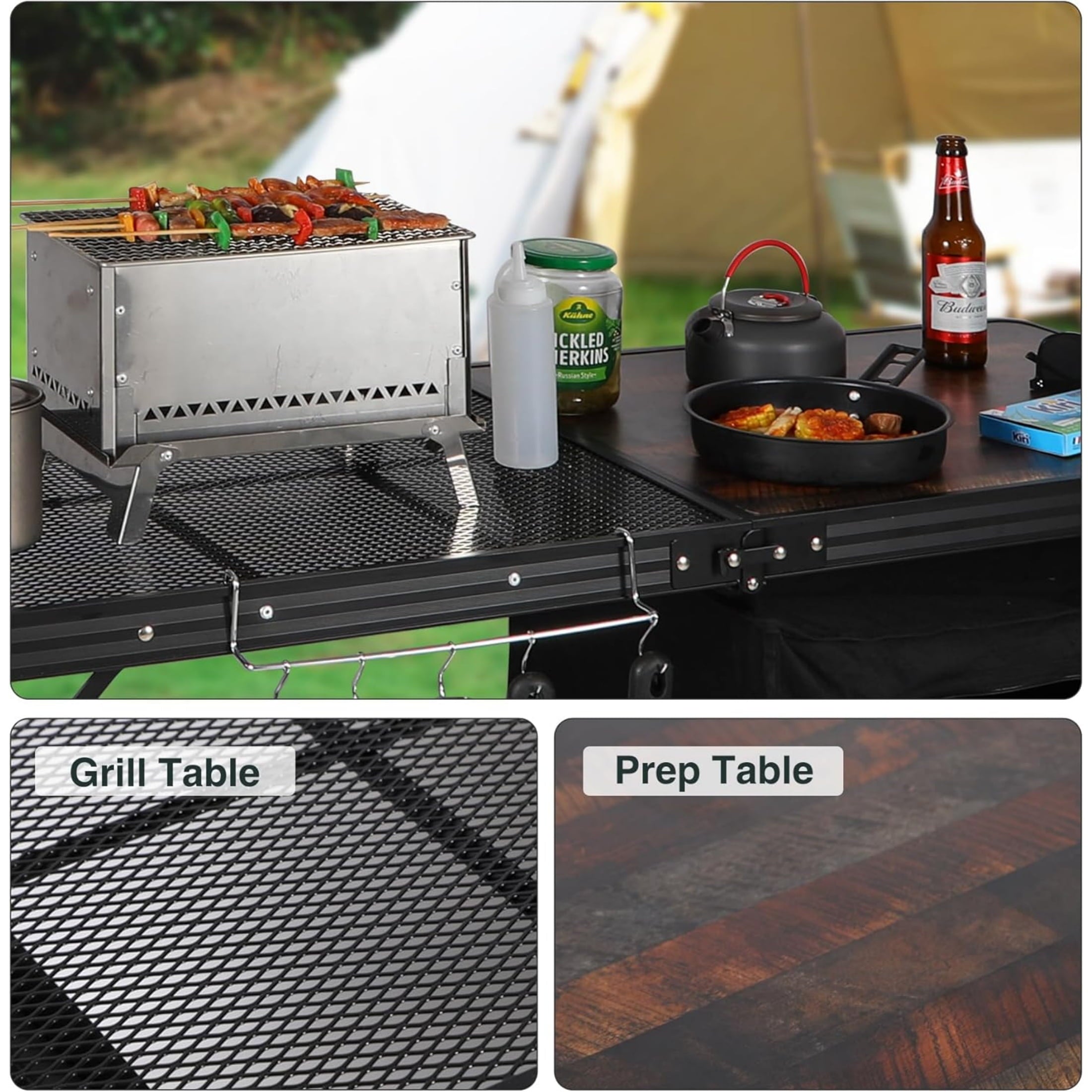 REDCAMP Extra Long Camping Kitchen Tri-Fold Table with Storage Organizer, Folding Camping Cook Station Grill Table Portable for Party Courtyard Picnic