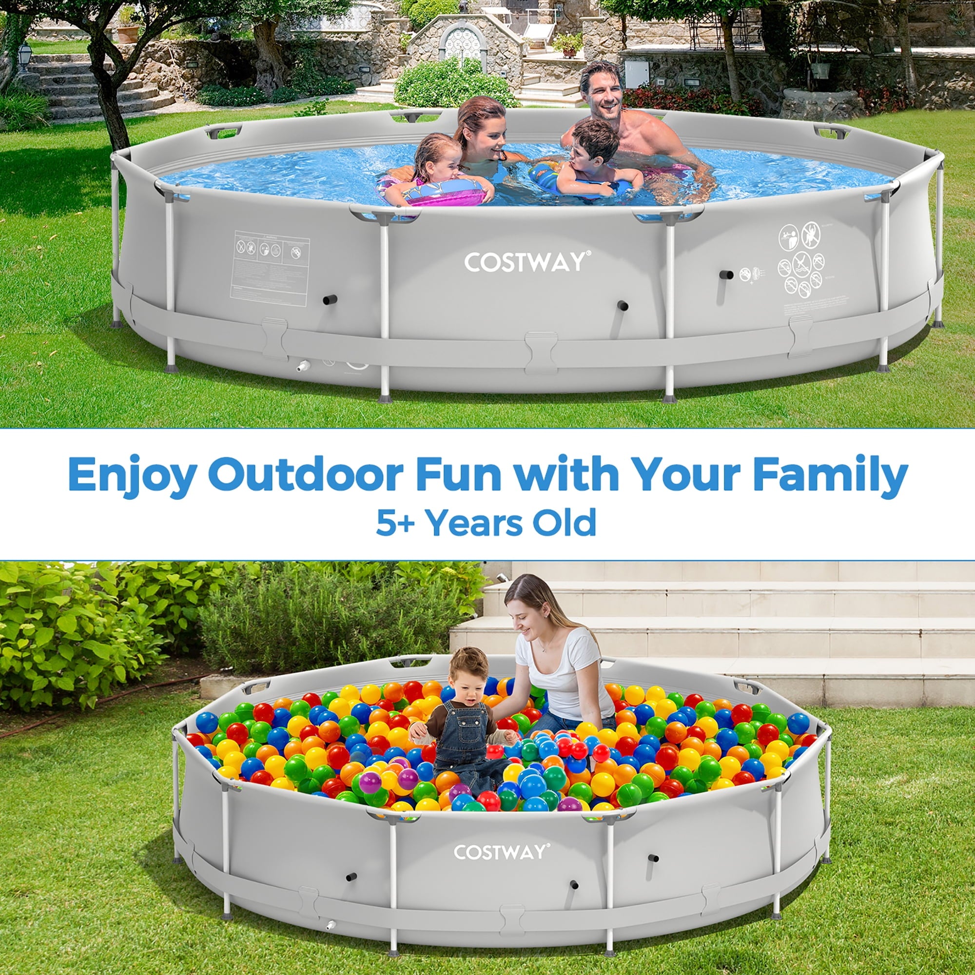 Costway Round Above Ground Swimming Pool Patio Frame Pool W/ Pool Cover Iron Frame Blue