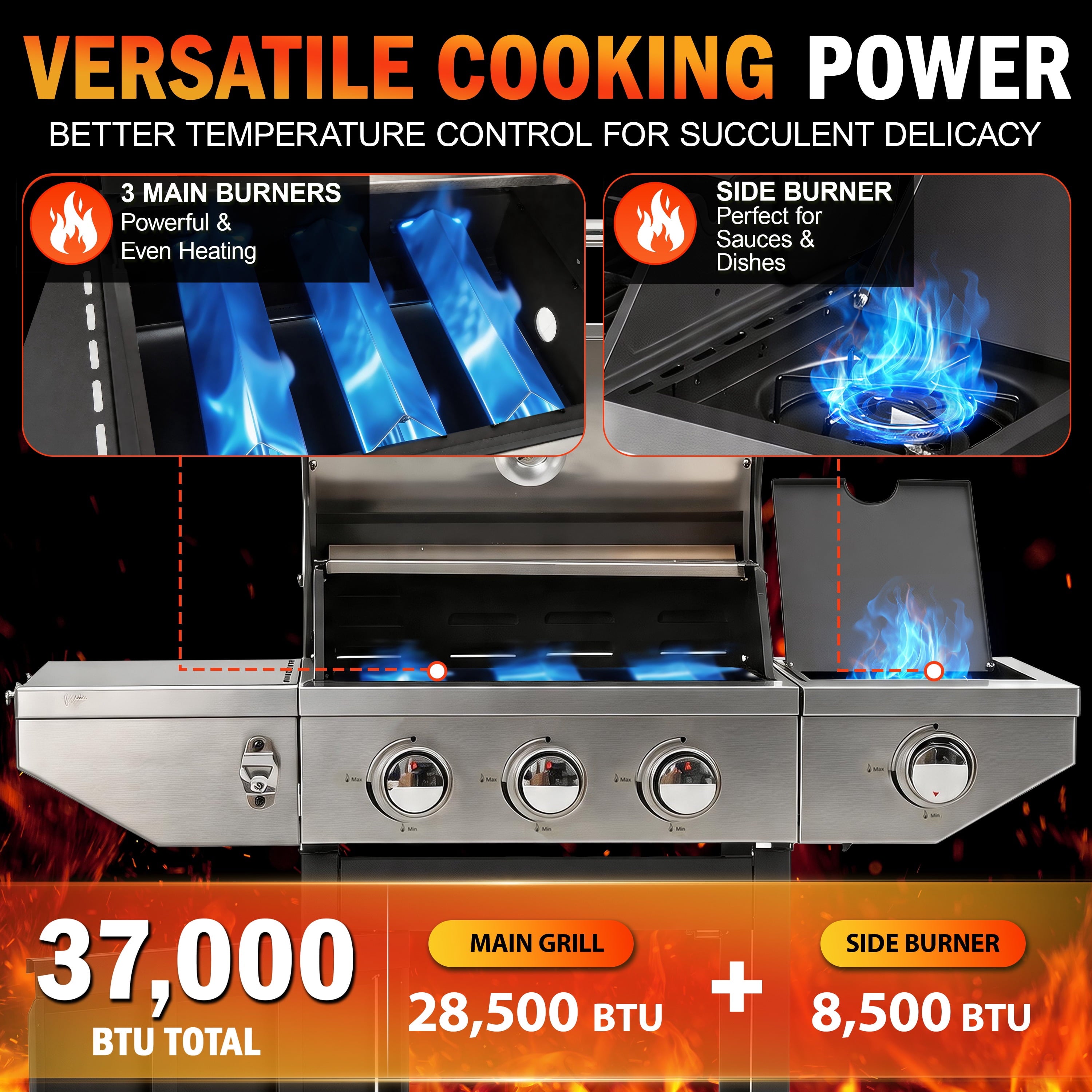 Segmart 3 Burner Propane Gas Grill with Side Burner, 37,000 BTU Outdoor Cooking BBQ Grill with Porcelain-Enameled Cast Iron Grates, Equipped with Temperature, Tool Hooks, and Bottle Opener