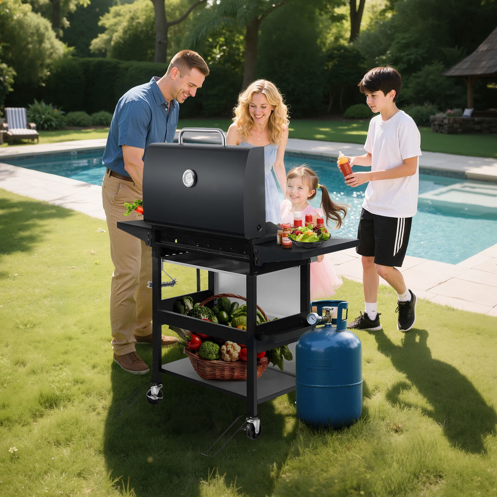 Outdoor BBQ Grill, Powerful 30,000BTU Gas Propane Grill, Stainless Steel Grill with Storage Shelves, Portable Grill for RV Party Camping Patio