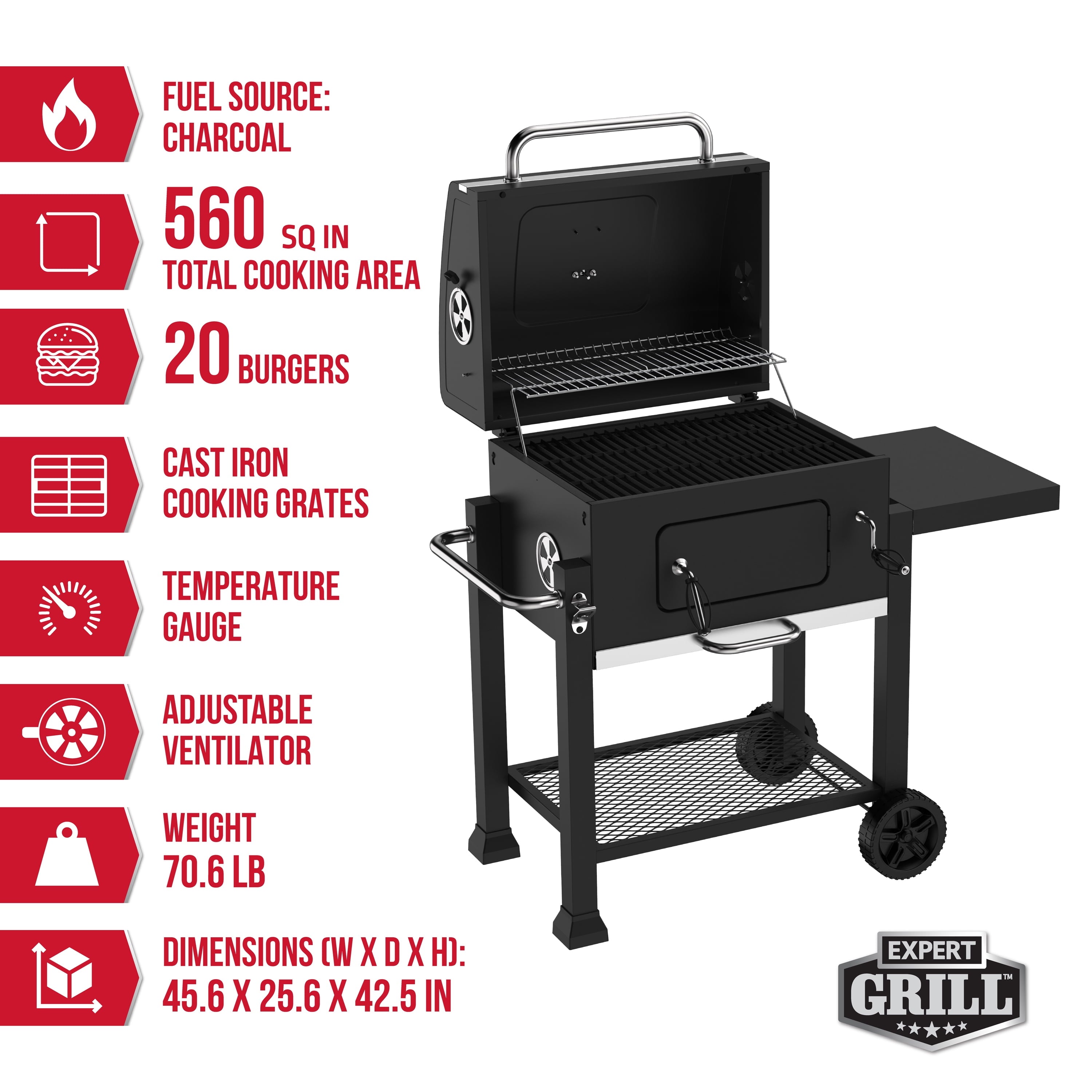 Expert Grill Charcoal Grill, 24 Inch Heavy Duty Charcoal Grill with Wheels, Black