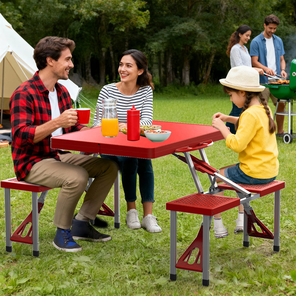 Ktaxon Portable Folding Picnic Table With 4-Person Chair Seats, Foldable Plastics Camping Table Set, Red