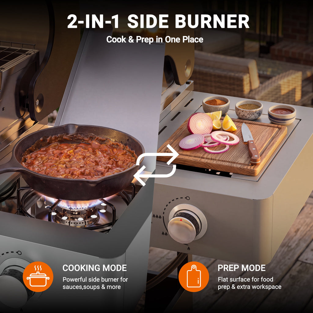 3-Burner Gas Grill with Side Burner, 40,500 BTU Propane BBQ Grill with Porcelain-Enameled Cast Iron Grates, Built-in Thermometer, Ideal for Patio Camping Outdoor Cooking