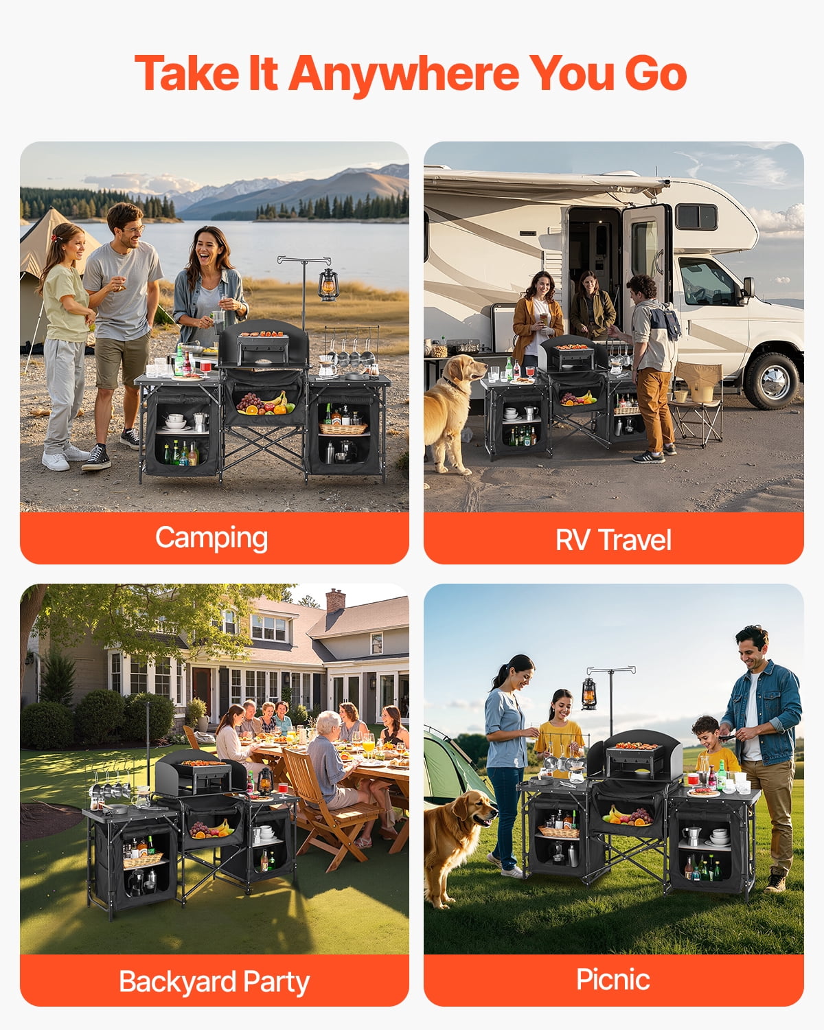 VEVOR Camping Kitchen Table, Quick set-up Folding Camping Table with A Carrying Bag, 3 Adjustable Heights, MDF Camping Table, Ideal for Outdoor Picnics, BBQs, Camping, RV Traveling