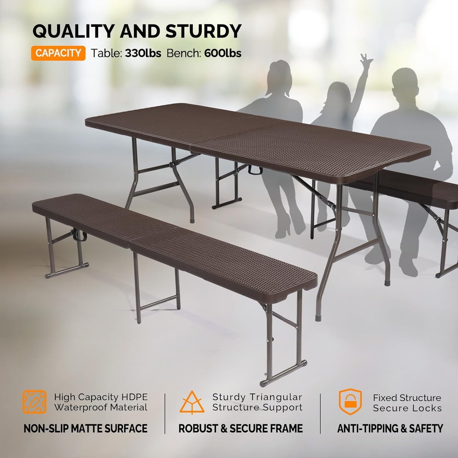 VINGLI Folding Camping Table with Chairs, Brown