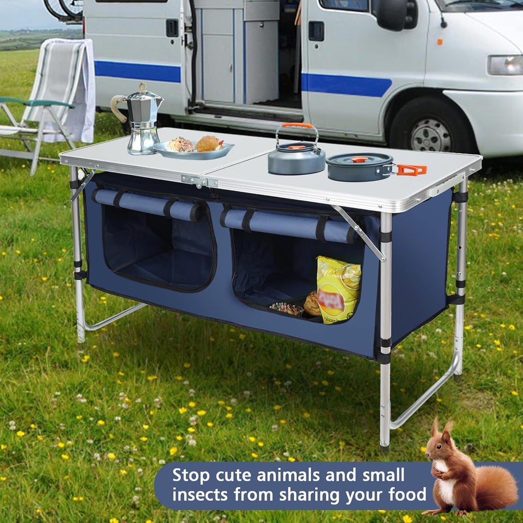 Acpouw 4 ft Folding Camping Table with Storage, Camping Kitchen Station, Aluminum Portable Folding Table Camp Cook Desk with Storage Organizer and 2 Adjustable feet, White
