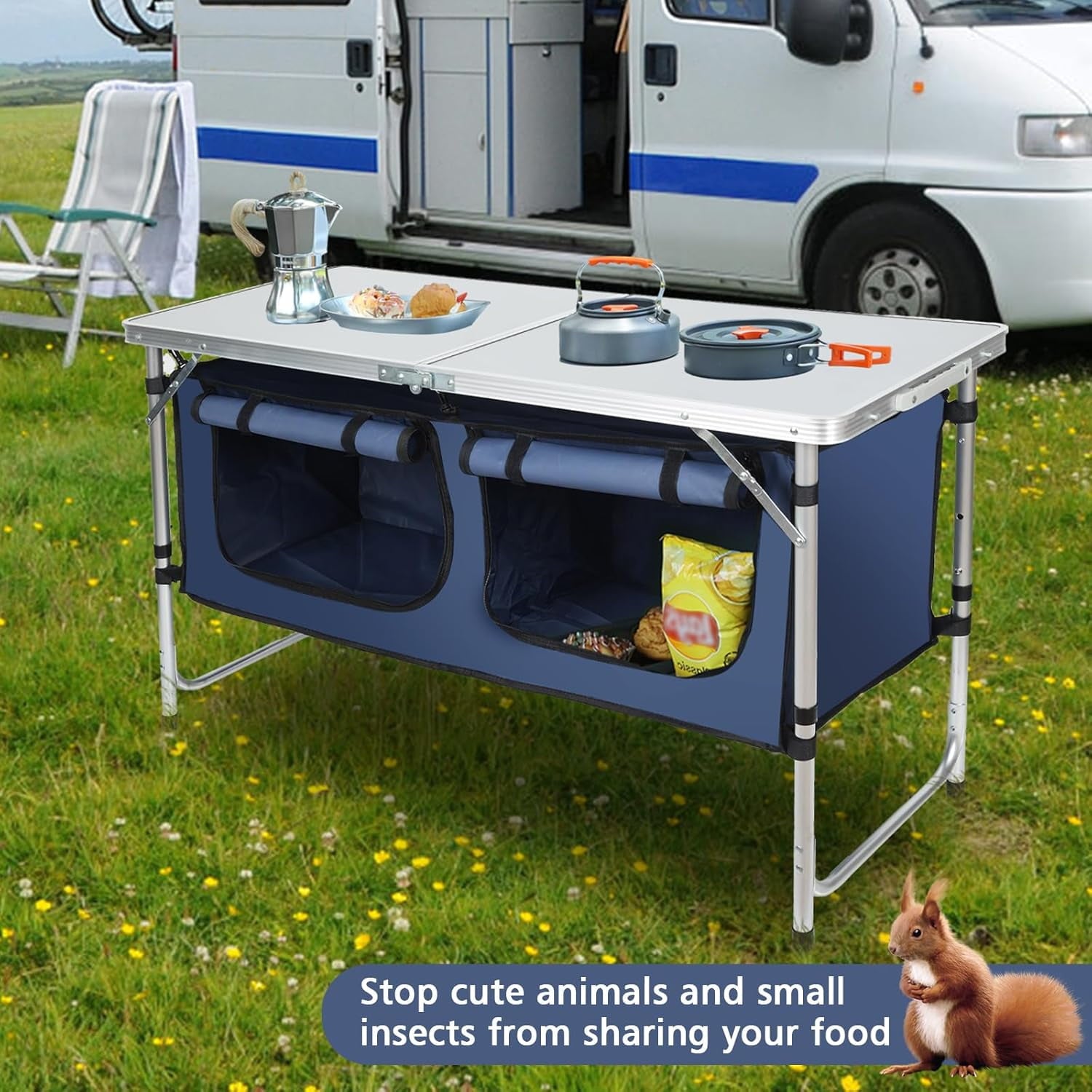 Acpouw 4 ft Folding Camping Table with Storage, Camping Kitchen Station, Aluminum Portable Folding Table Camp Cook Desk with Storage Organizer and 2 Adjustable feet, White