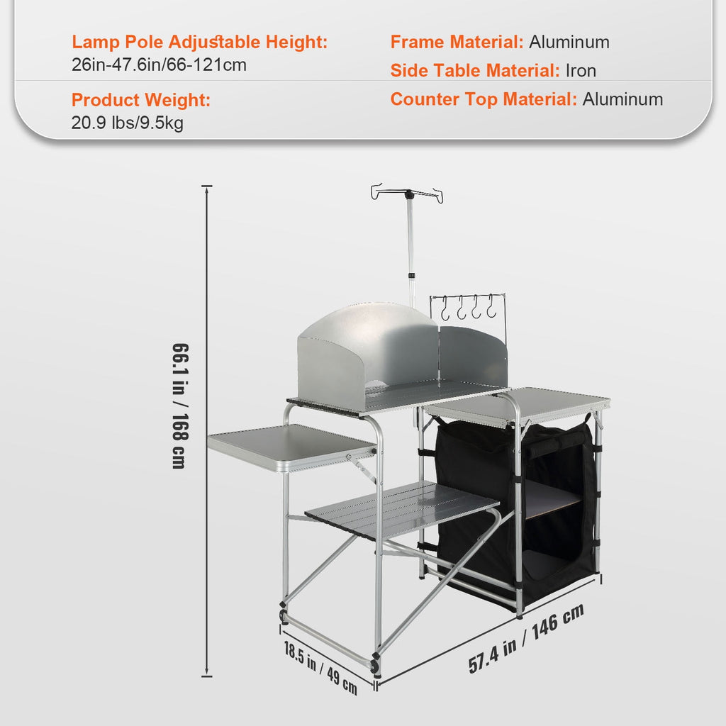 KFFKFF Portable Camp Kitchen, Collapsible Outdoor Chef Station with Storage Bag, Metal Prep Area, Single Cabinet & Removable Wind Guard, Easy Assembly for Camping, Barbecues, RV Trips, Black