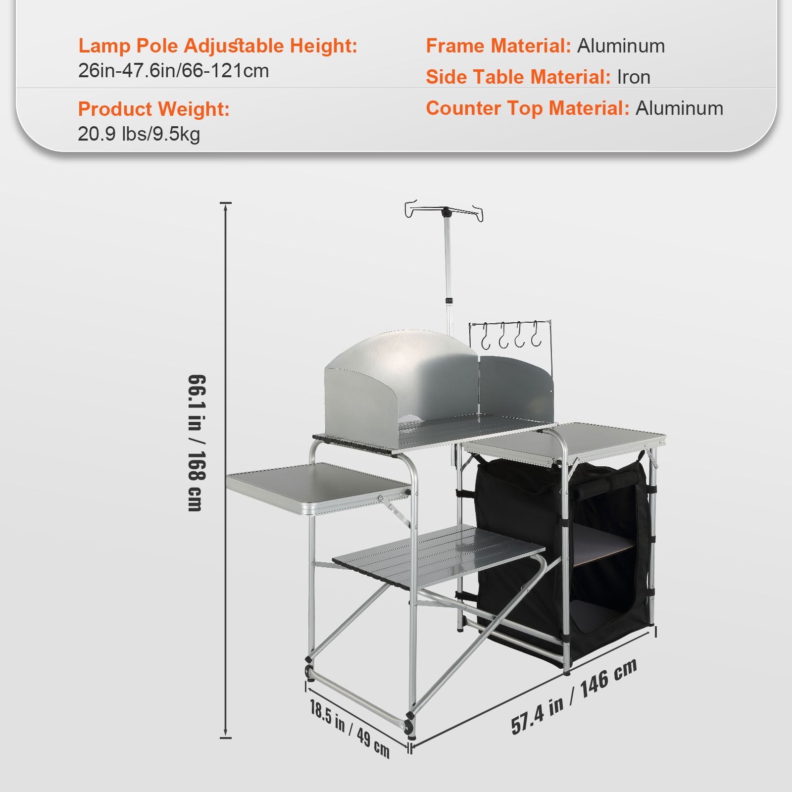 KFFKFF Portable Camp Kitchen, Collapsible Outdoor Chef Station with Storage Bag, Metal Prep Area, Single Cabinet & Removable Wind Guard, Easy Assembly for Camping, Barbecues, RV Trips, Black