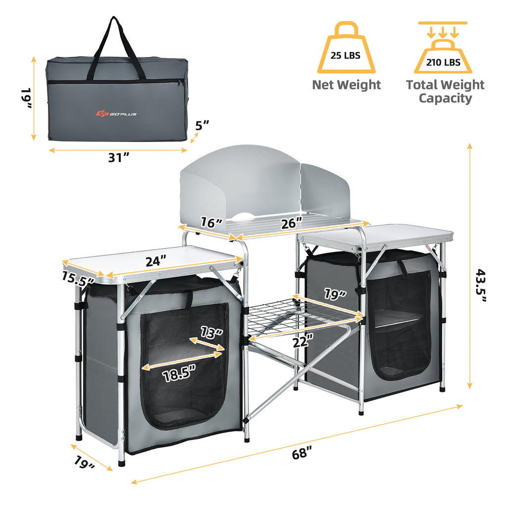 Costway Folding Portable Aluminum Camping Grill Table w/ Storage Organizer Windscreen Grey