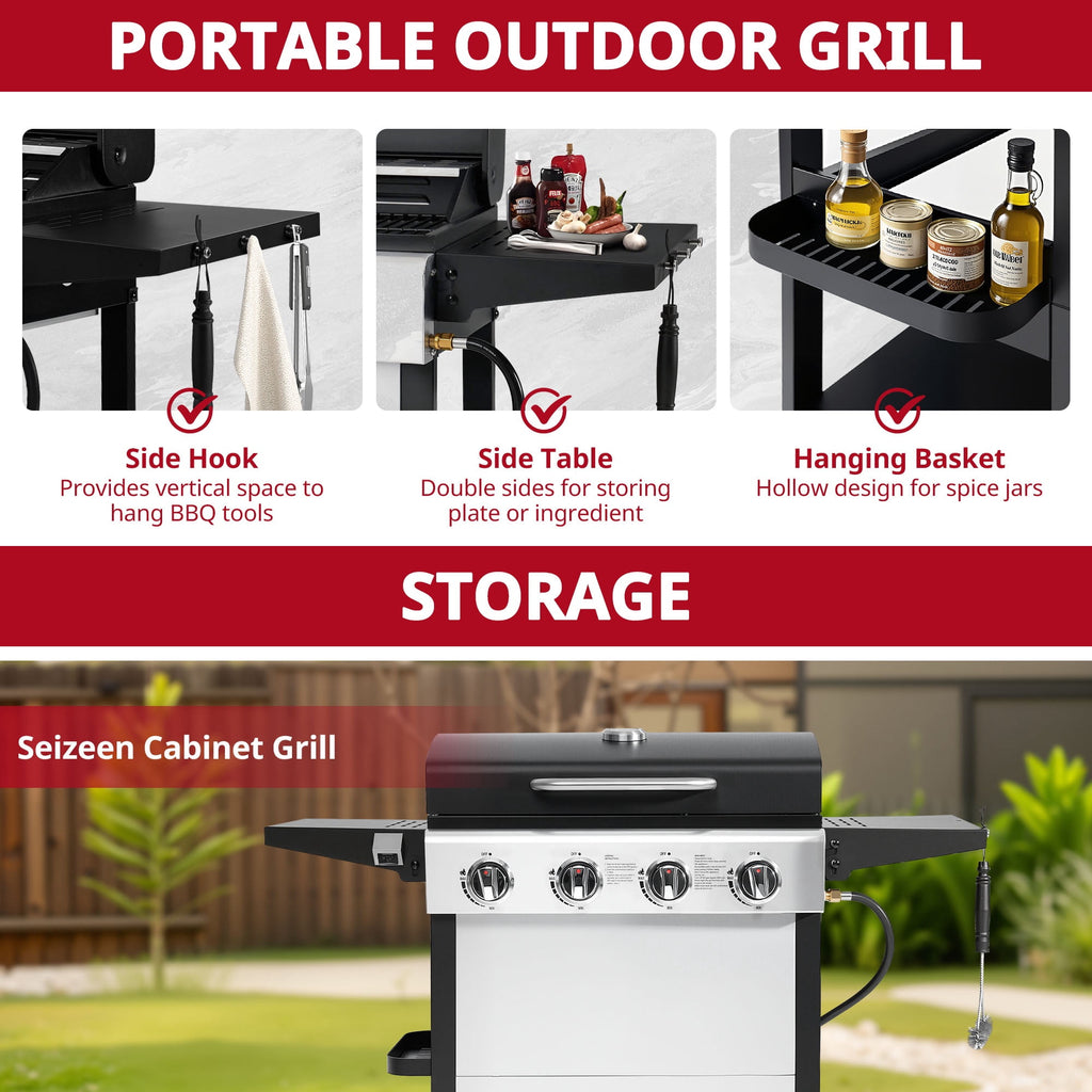 Outdoor BBQ Grill, Powerful 30,000BTU Gas Propane Grill, Stainless Steel Grill with Storage Shelves, Portable Grill for RV Party Camping Patio