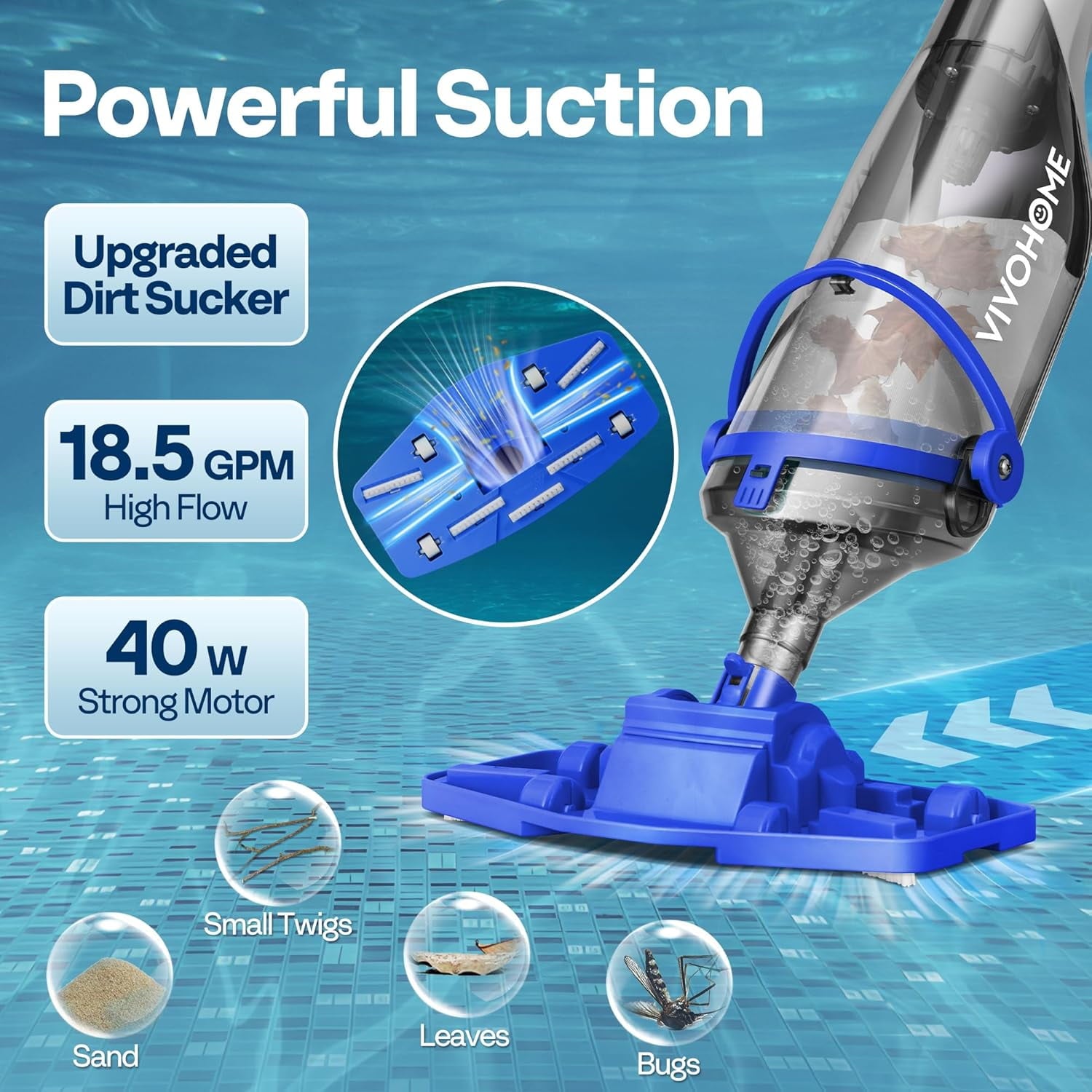 SPECSTAR Cordless Pool Vacuum with Telescopic & Extension Poles 9.12ft, 18.5 GPM Suction, 60-Min Run Time, Handheld Cleaner Rechargeable with Battery Indicator for Pools/Spas/Hot Tubs - Yellow