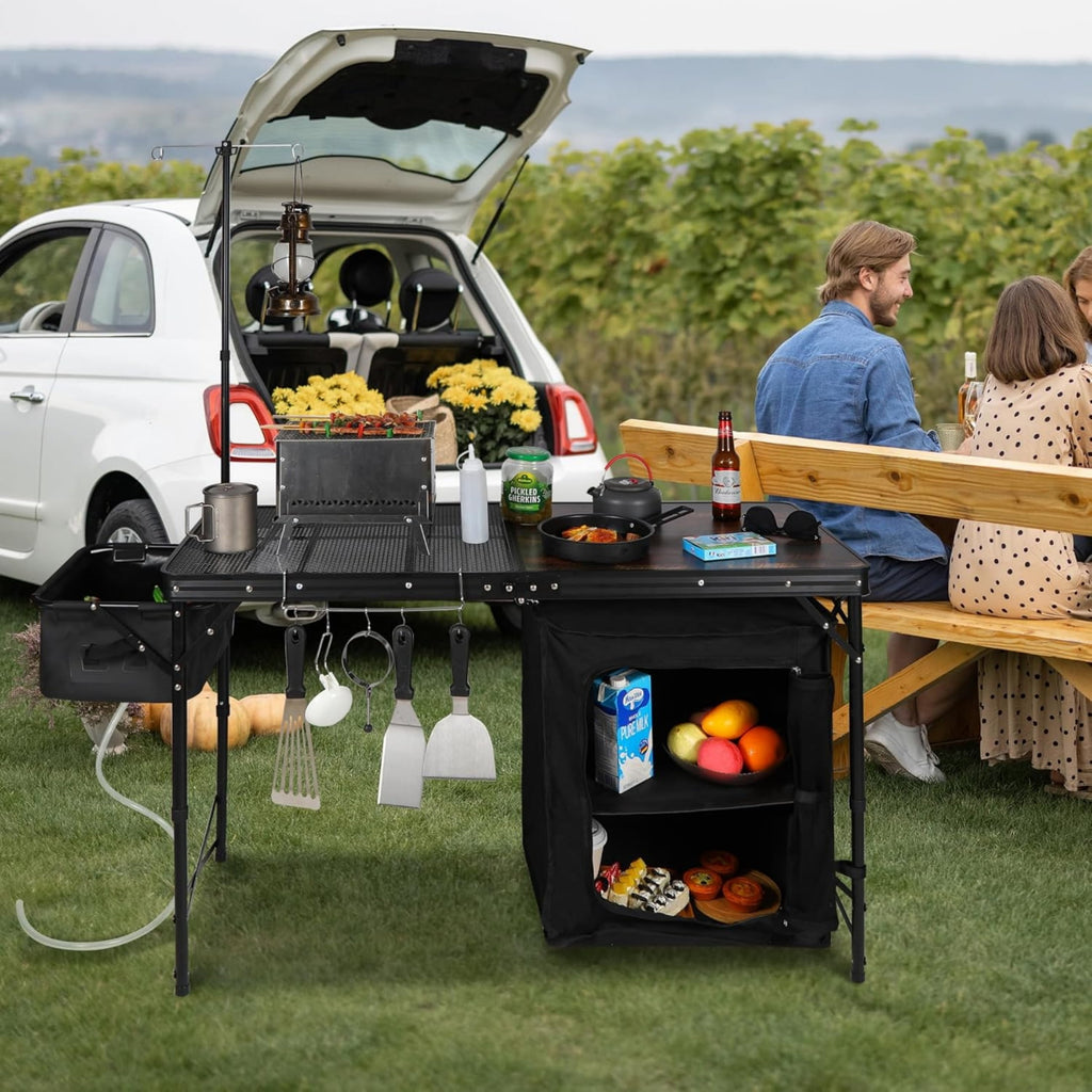 REDCAMP Extra Long Camping Kitchen Tri-Fold Table with Storage Organizer, Folding Camping Cook Station Grill Table Portable for Party Courtyard Picnic