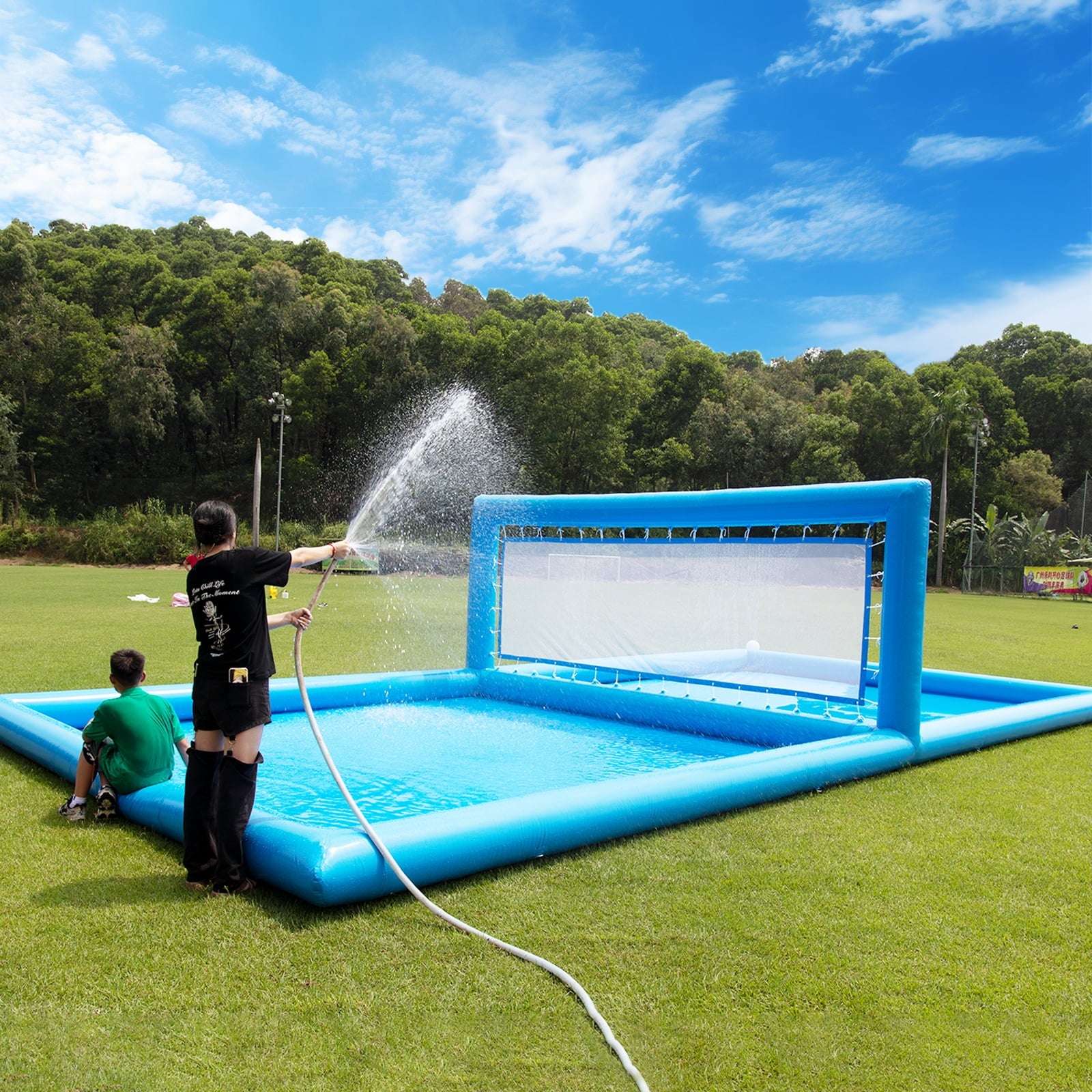 Relunch 33FT Inflatable Volleyball Court, 2 in 1 Volleyball Pool Football Court Water Soccer Field with 800W Blower for Beach Backyard Outdoor Summer Party ,33ft(L) x 16.5ft(W) x 7ft(H)