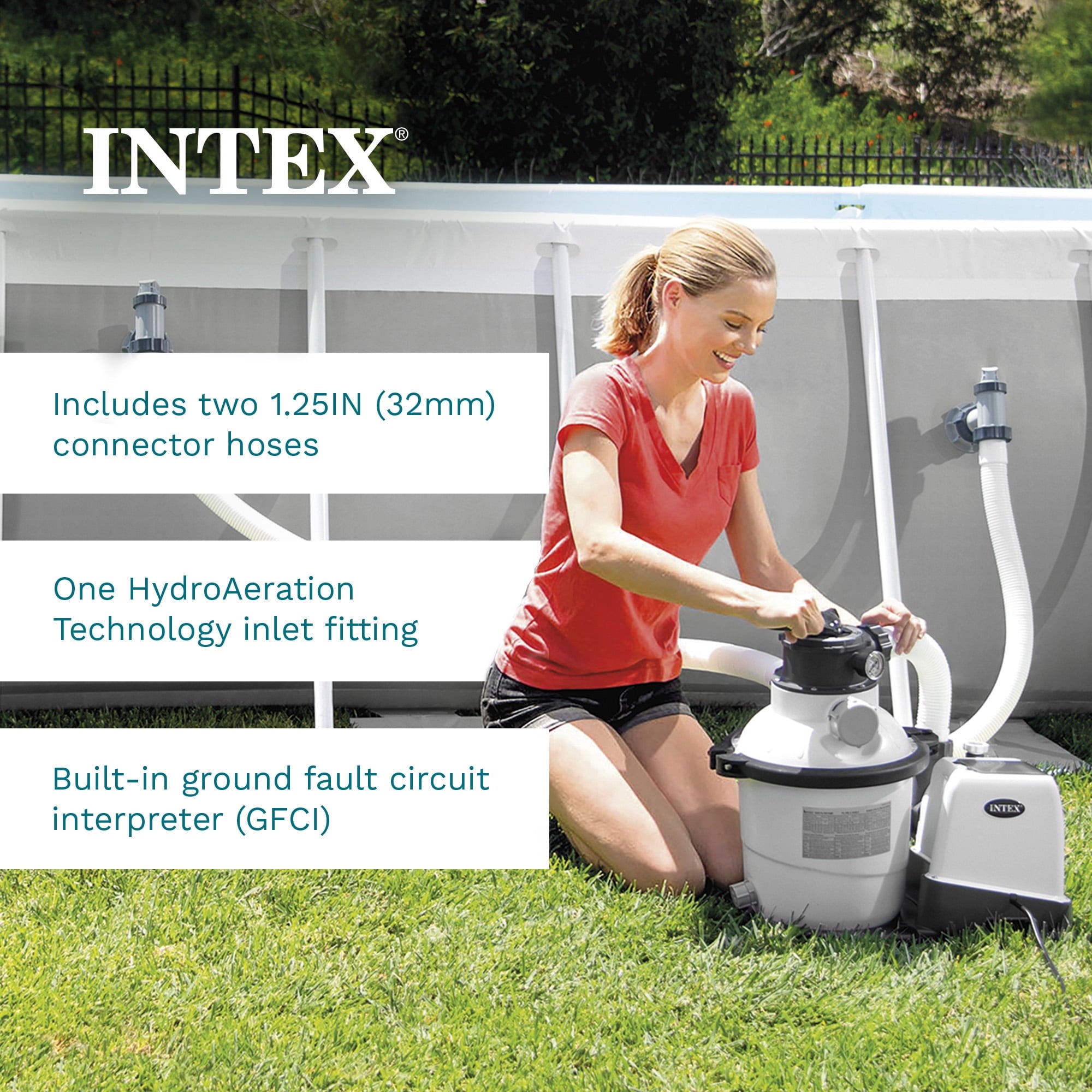 Intex10 inch Krystal Clear Sand Filter Pool Pump, 1500 Gph Motor 1200 GPH System Flow Rate with GFCI, 110-120 V