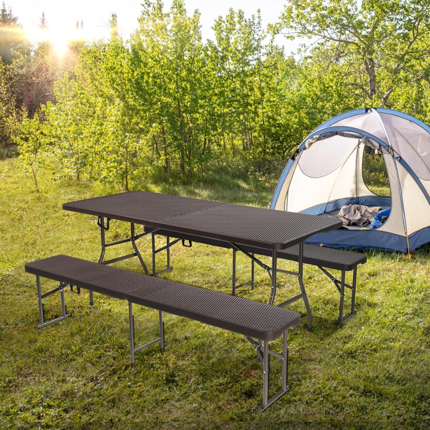 VINGLI Folding Camping Table with Chairs, Brown