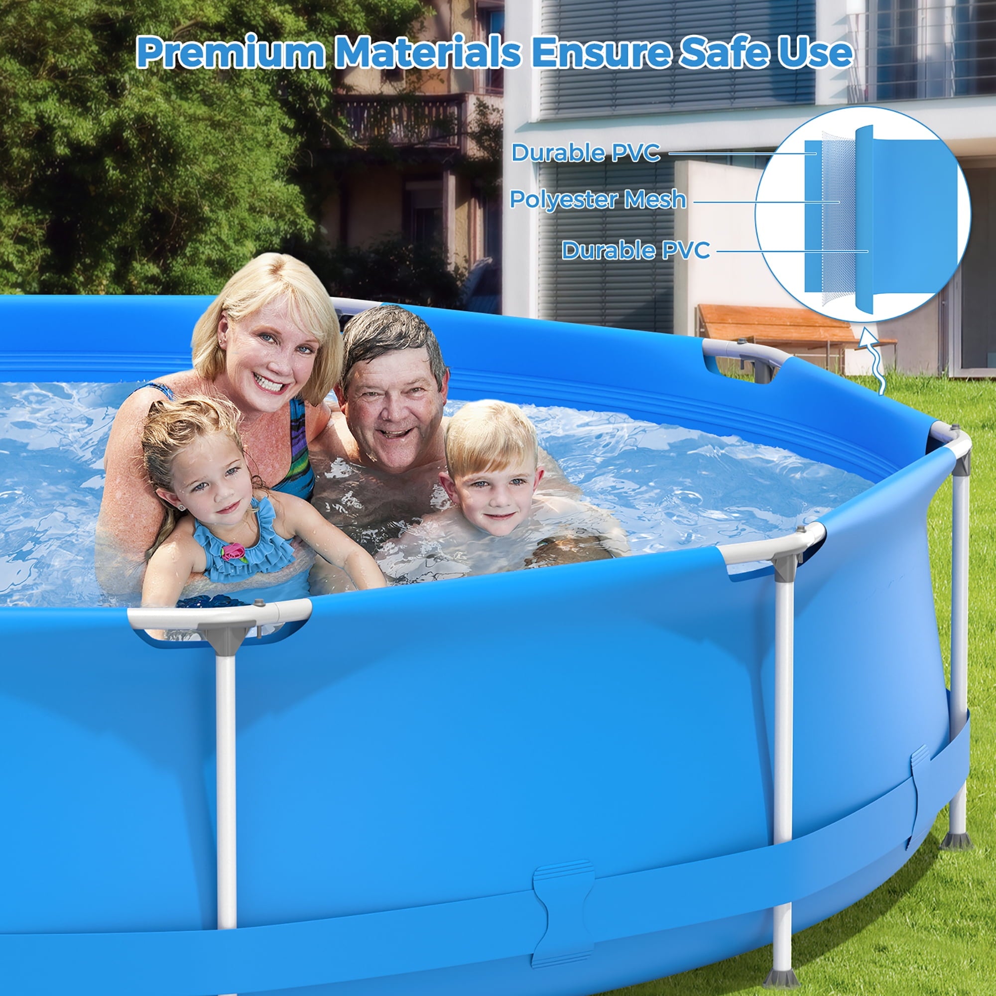 Costway Round Above Ground Swimming Pool Patio Frame Pool W/ Pool Cover Iron Frame Blue