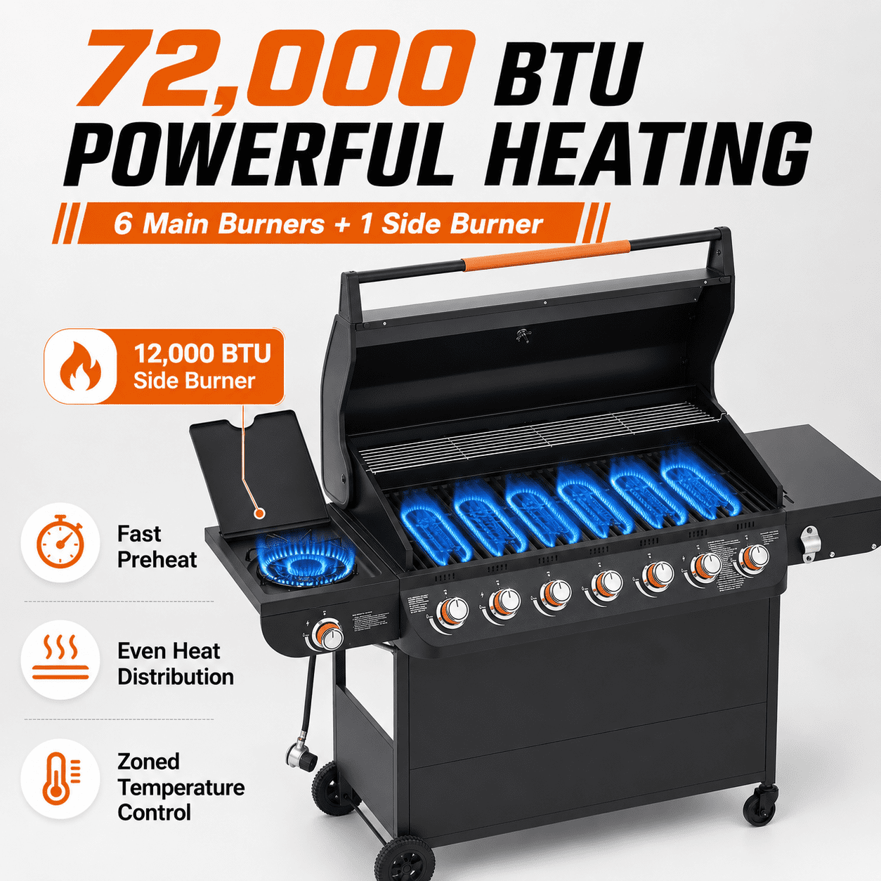 6-Burner Propane Gas Grill with Side Burner, 59000 BTU Outdoor BBQ Grill with Porcelain-Enameled Grates, Warming Rack, Side Tables, Bottle Opener, Thermometer and Wheels for Patio Backyard Cooking