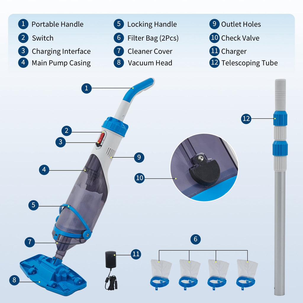 Kicctian Cordless Pool Vacuum, Handheld Pool Vacuum with Running Time up to 60-Minutes, Rechargeable Cleaner with Pole for Above Pools, Hot Tubs and Spas, Blue with LED Light