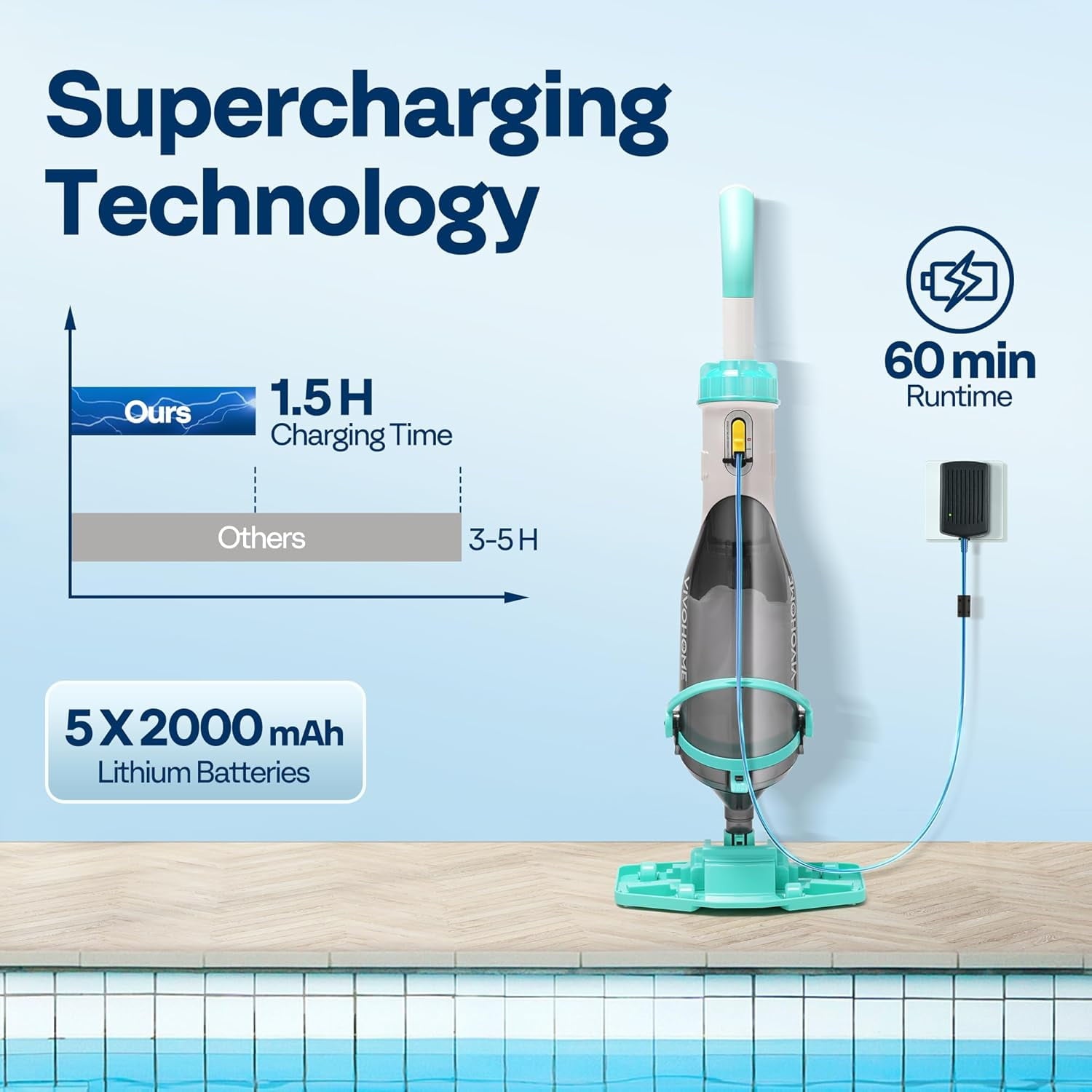 SPECSTAR Cordless Pool Vacuum with Telescopic & Extension Poles 9.12ft, 18.5 GPM Suction, 60-Min Run Time, Handheld Cleaner Rechargeable with Battery Indicator for Pools/Spas/Hot Tubs - Yellow