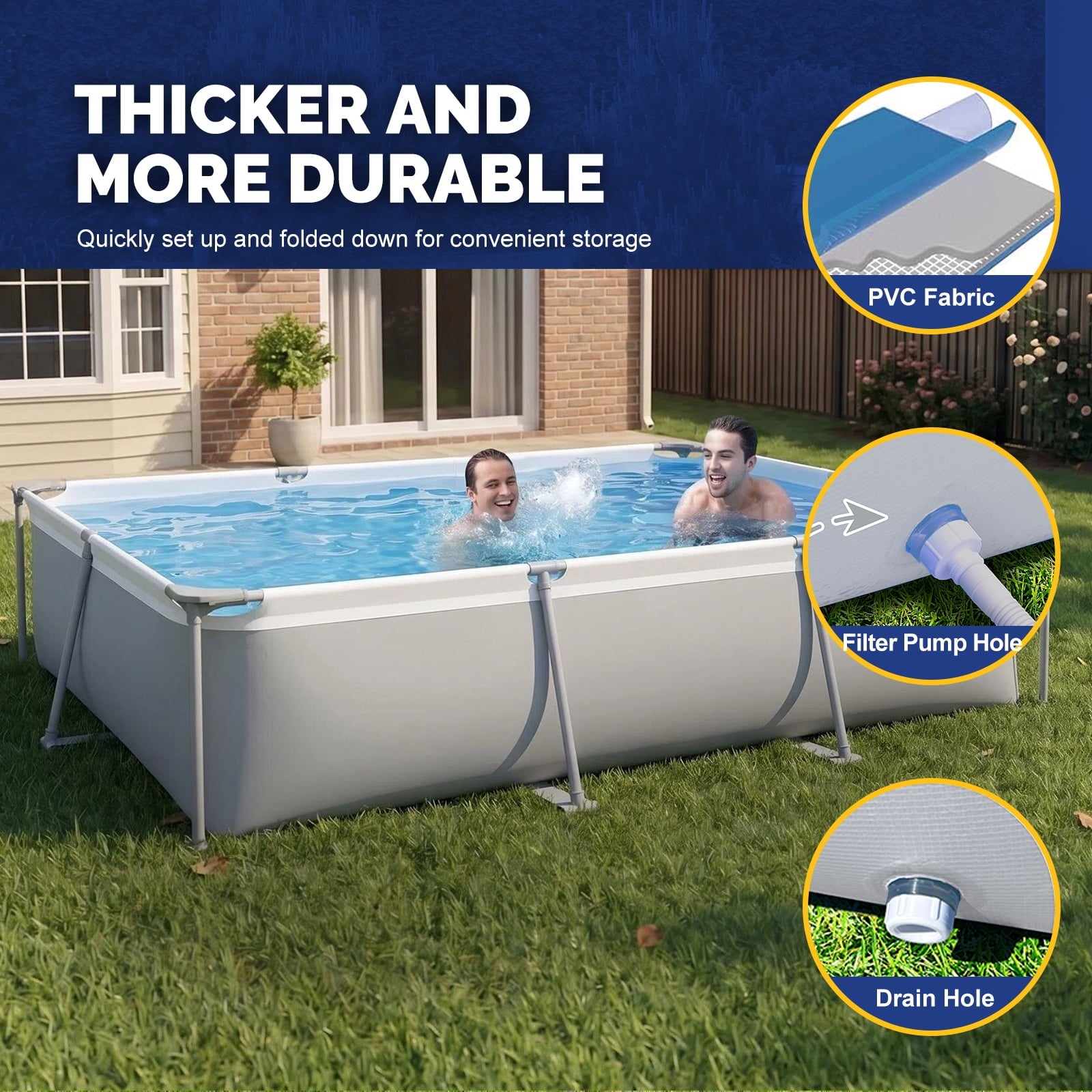 Honeydrill 6.2ft x 4.2ft x 16.5in Rectangular Metal Frame Above Ground Swimming Pool for Family, Blue