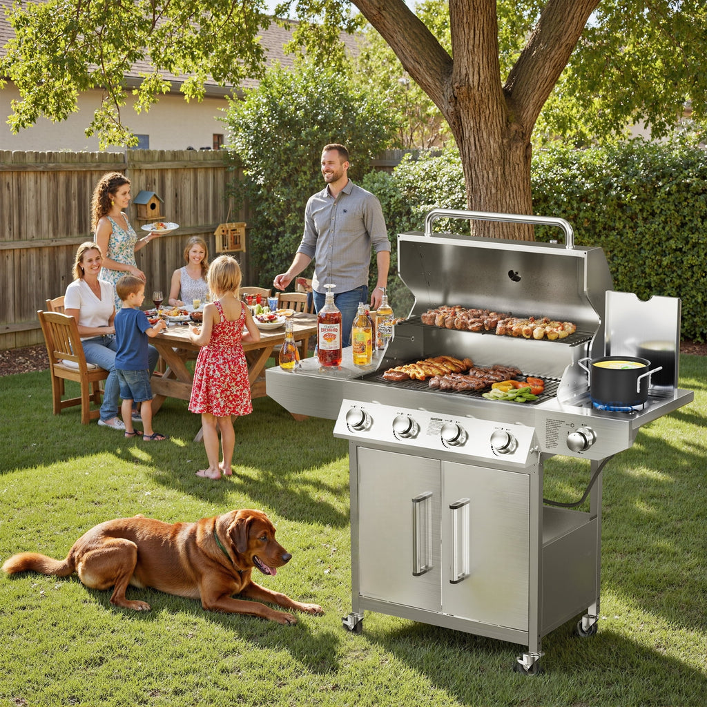 SKOK 4 Burner Gas Grill with Side Burner, 58000 BTU &393 sq.in Cooking Surface, Outdoor Propane Barbecue Grill for Patio & Backyard