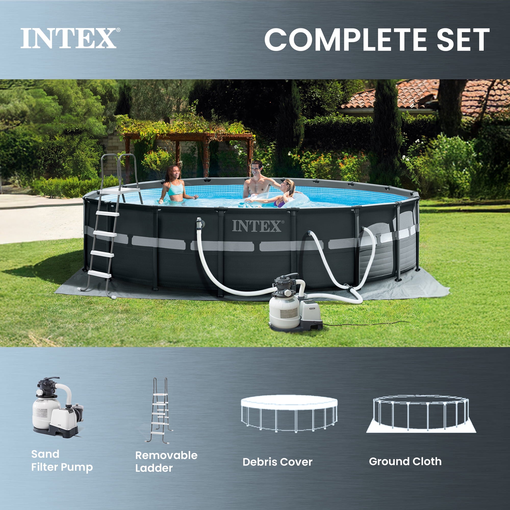 INTEX 18ft x 52in Ultra XTR Above Ground Swimming Pool, Sand Filter Pump, & Cleaning Maintenance Kit