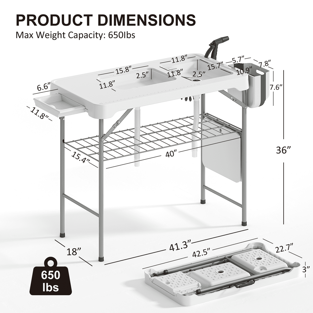 EVOKEDEN 42.5 Fish Cleaning Table w/ Sink, Folding Camping Table & Fish Cleaning Station w/ Measure Mark