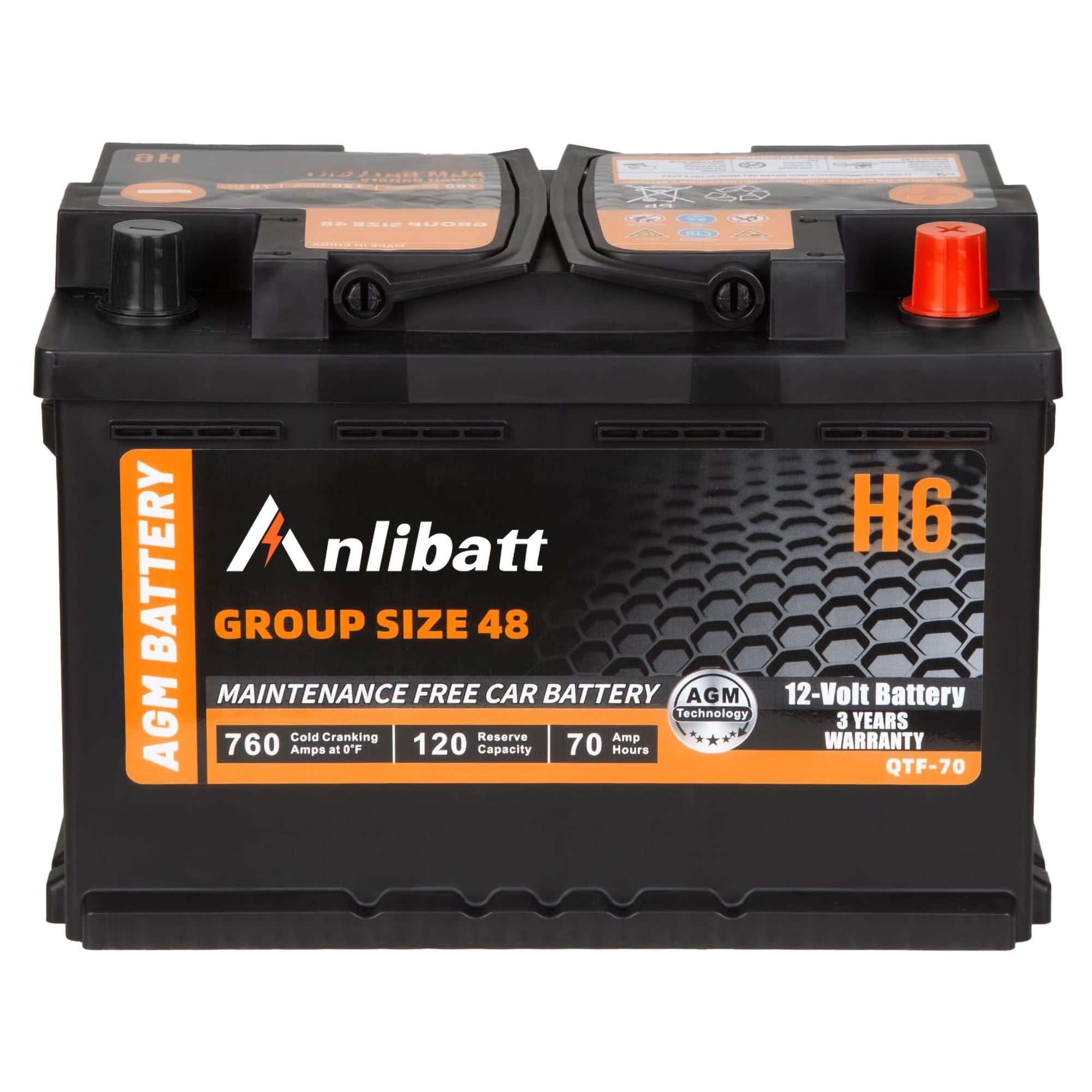 Anlibatt BCI Group 48 Battery, AGM 12 Volt Rechargeable Automotive Batteries for Car, H6 760CCA 70Ah 120RC, Maintenance Free