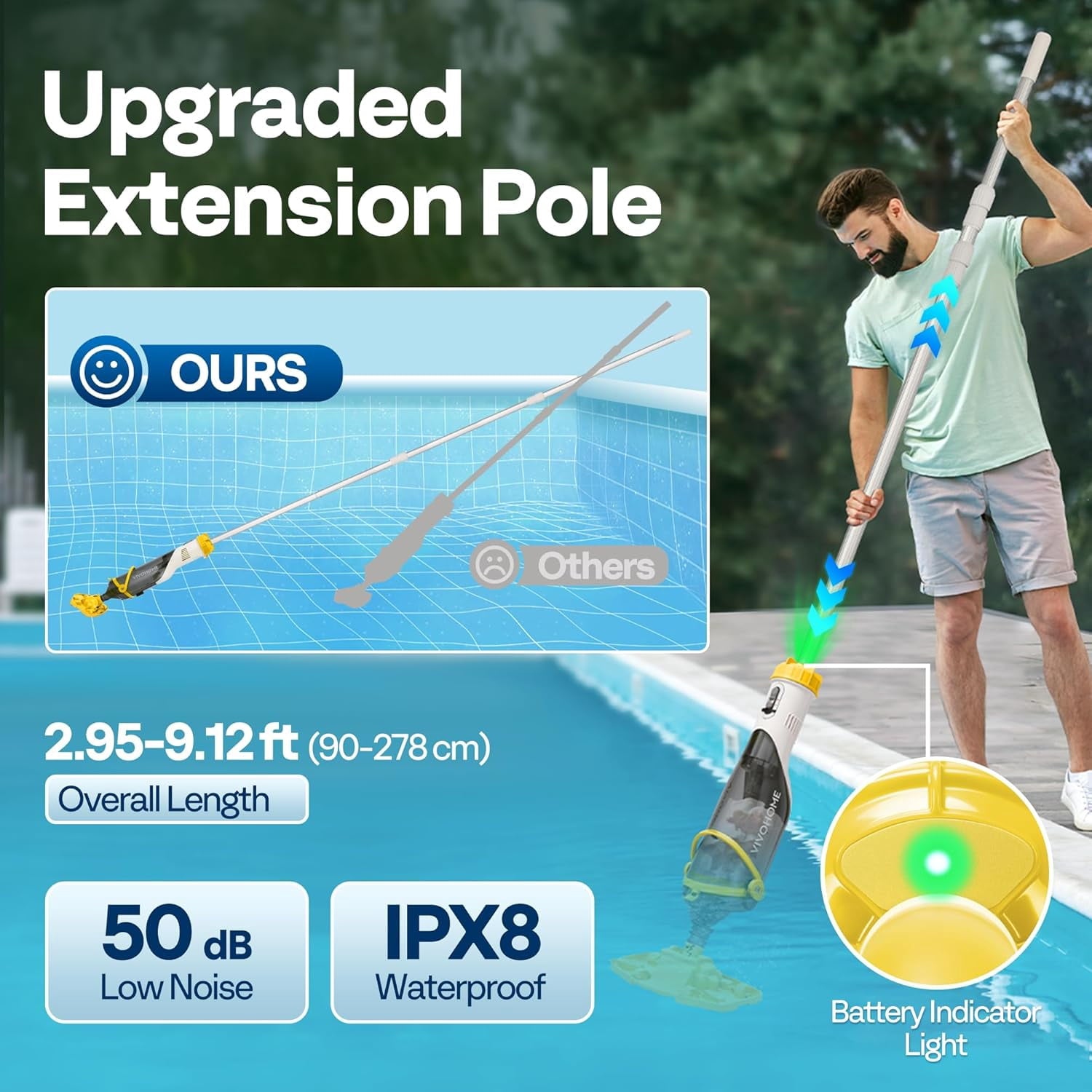 SPECSTAR Cordless Pool Vacuum with Telescopic & Extension Poles 9.12ft, 18.5 GPM Suction, 60-Min Run Time, Handheld Cleaner Rechargeable with Battery Indicator for Pools/Spas/Hot Tubs - Yellow