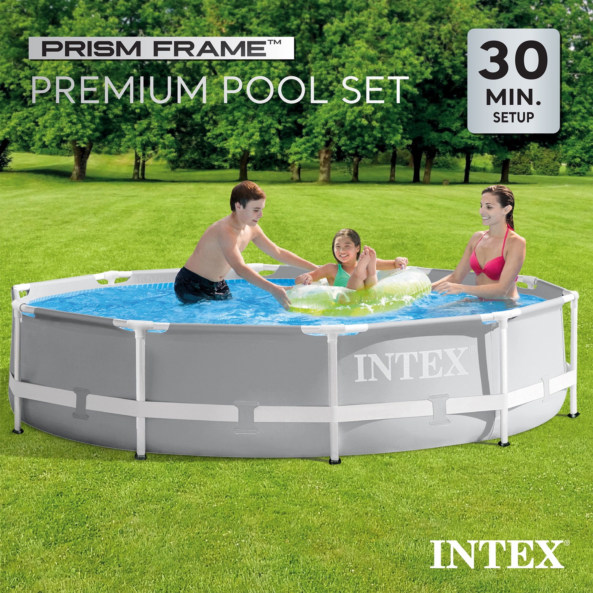 INTEX Round Prism Frame 10ft x 30in Above Ground Swimming Pool Set, Gray