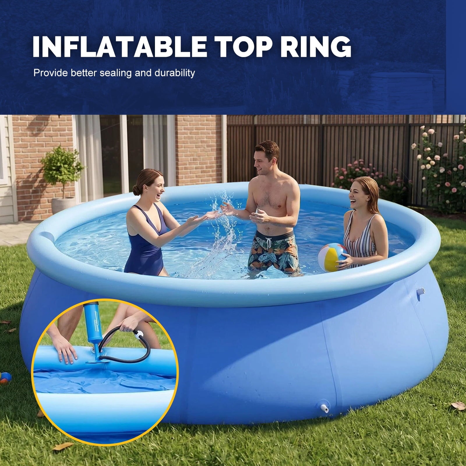 Honeydrill 12 ft x 36 in Above Ground Inflatable Pools, Top Ring Easy-Set Round Pool, Blue