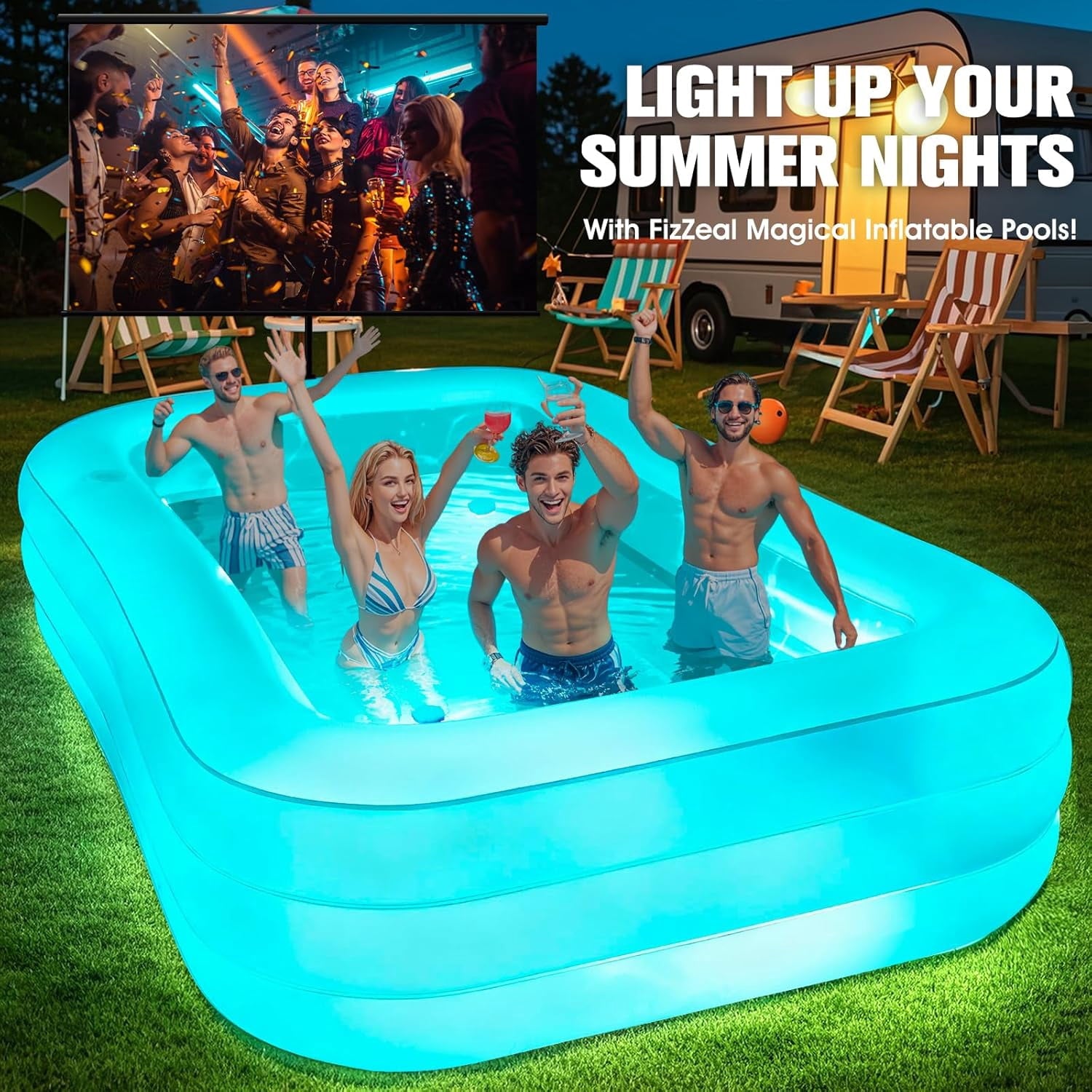 Inflatable Pool with Seat and Pool Lights, Durable Thickened Large Size Family Inflatable Pools for Adults Blow Up Pools,110 x 63 x 20Swimming Inflatable Kids PooI for Backyard,Outdoor (White)