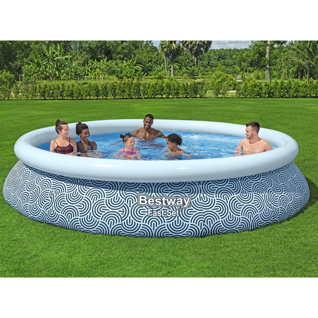 Bestway: Fast Set - 13' x 33 Inflatable Round Pool Set, Blue Abstract, Above Ground Swimming, Fill & Rise, Tritech Construction, Filter Pump, Family