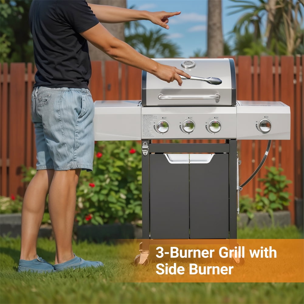 Highsound 4-Burner Propane Gas Grill with Side Burner, 51,000 BTU Outdoor Barbecue Grill, Stainless Steel BBQ Grill for Backyard Cooking, Black