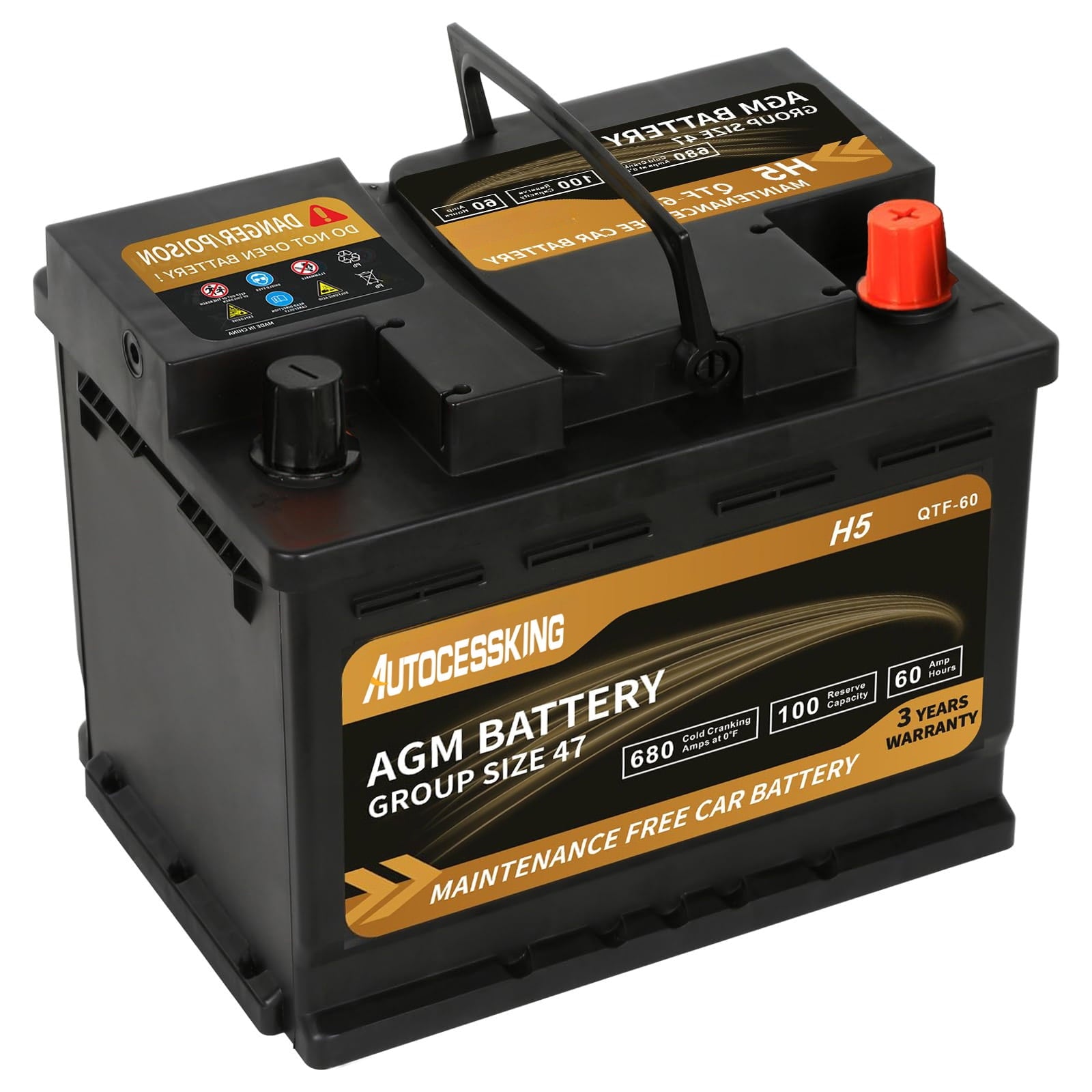 Autocessking Platinum AGM Battery, Group 47 Rechargeable Automotive Batteries for Car, 12V H5 680CCA 60Ah 100RC