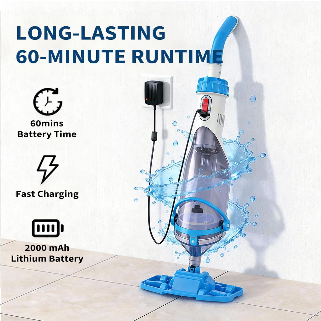 Kicctian Cordless Pool Vacuum, Handheld Pool Vacuum with Running Time up to 60-Minutes, Rechargeable Cleaner with Pole for Above Pools, Hot Tubs and Spas, Blue with LED Light