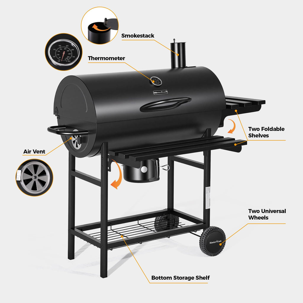 MASTER COOK Barrel Charcoal Grill with Foldable Shelf, Outdoor BBQ Smoker Grill with Thermometer and Adjustable Air Vents