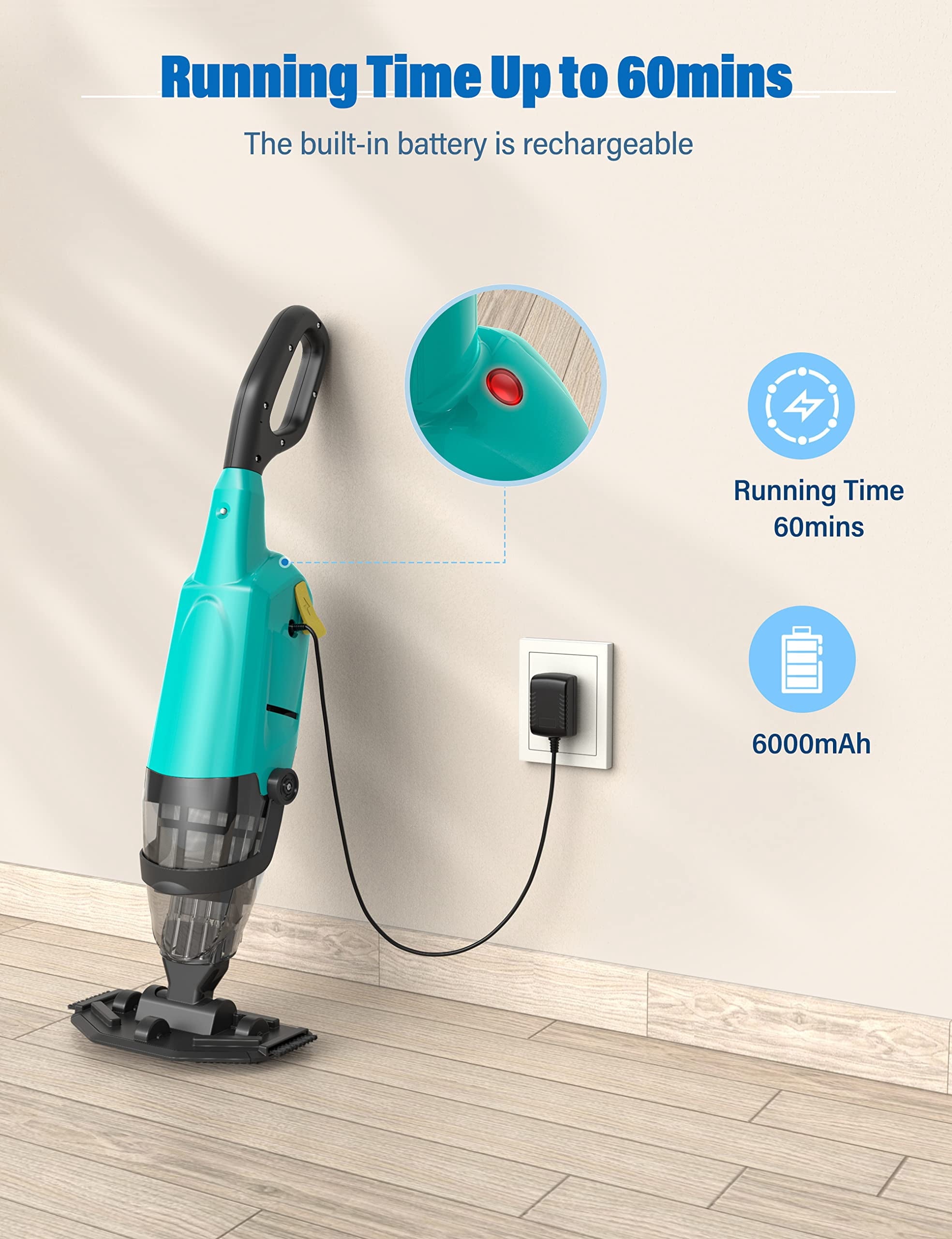 Efurden Cordless Pool Vacuum, Handheld Pool Vacuum with Running Time up to 60-Minutes for Above Ground Pools, Spas and Hot Tubs, Yellow