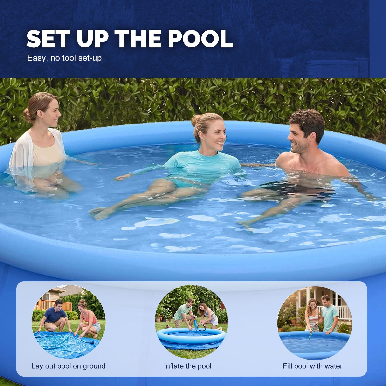 Honeydrill 12 ft x 36 in Above Ground Inflatable Pools, Top Ring Easy-Set Round Pool, Blue