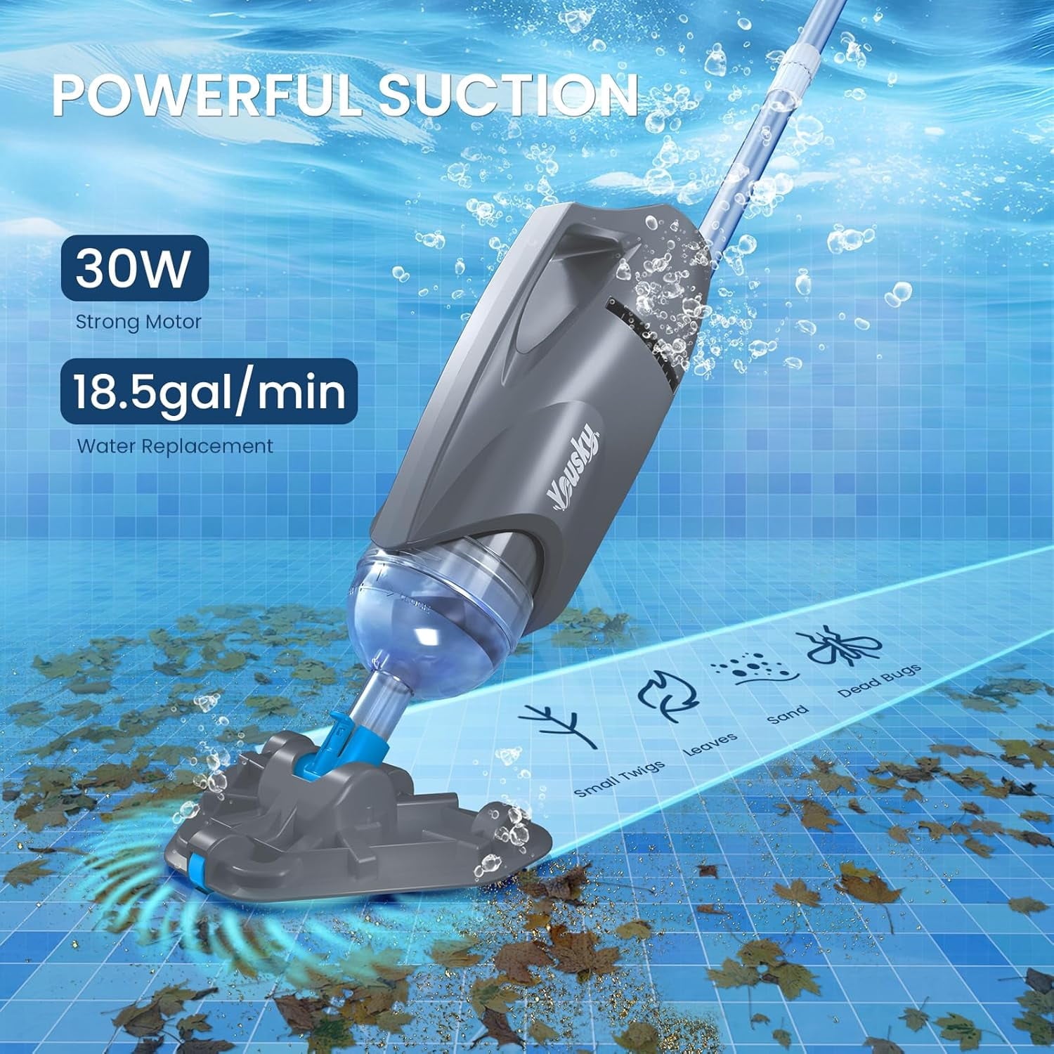 2025 Upgraded Handheld Pool Vacuum Cleaner for Above Ground & Inground Pools - Cordless Pool Cleaner w/18.5GPM Suction, Telescoping Pole(20-69in), 2 Brush Heads - Ideal for Spas & Hot Tubs