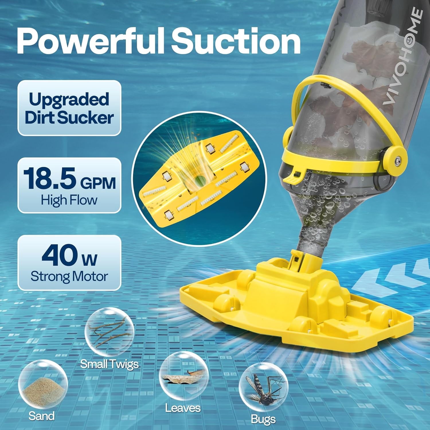 SPECSTAR Cordless Pool Vacuum with Telescopic Pole, Powerful Suction up to 18.5 GPM, 60 Mins Running Time, Handheld Rechargeable Swimming Pool Cleaner for Pools/Spas/Hot Tubs, Yellow