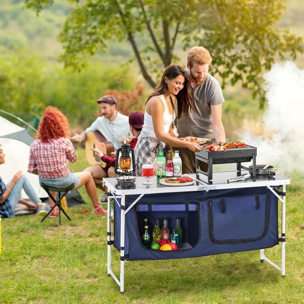 Acpouw 4 ft Folding Camping Table with Storage, Camping Kitchen Station, Aluminum Portable Folding Table Camp Cook Desk with Storage Organizer and 2 Adjustable feet, White