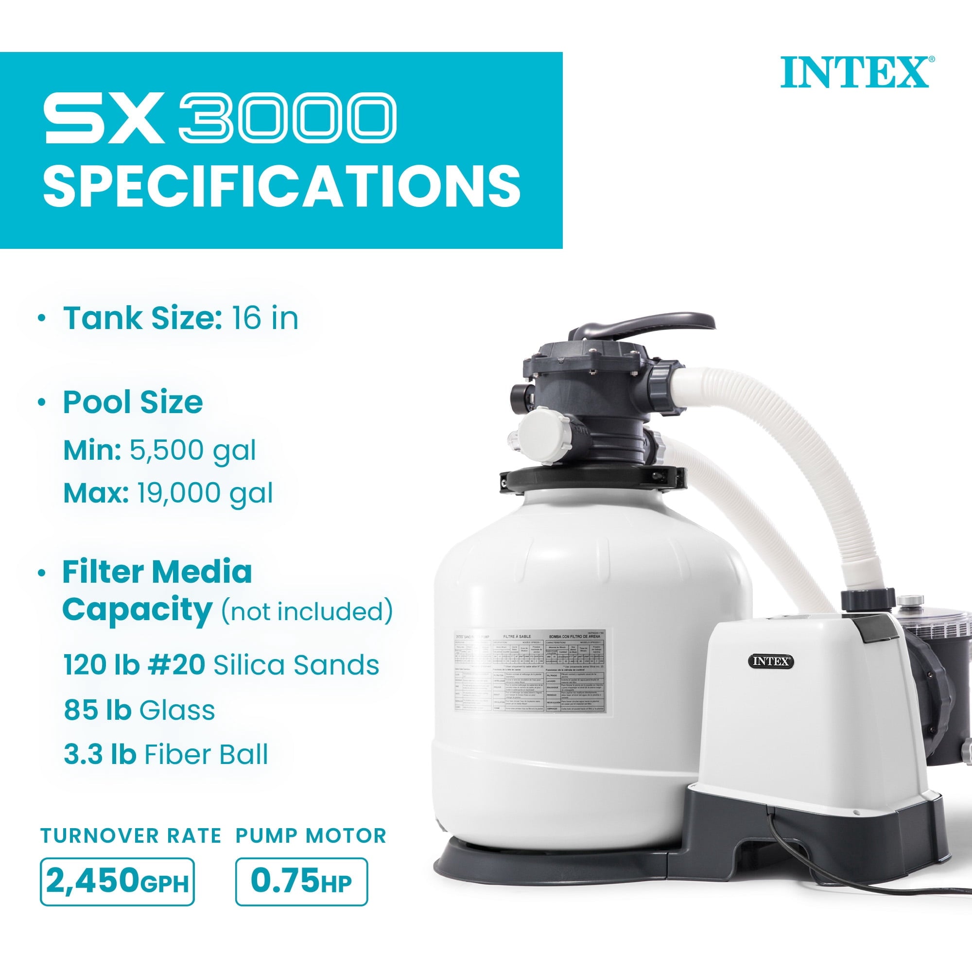 Intex10 inch Krystal Clear Sand Filter Pool Pump, 1500 Gph Motor 1200 GPH System Flow Rate with GFCI, 110-120 V