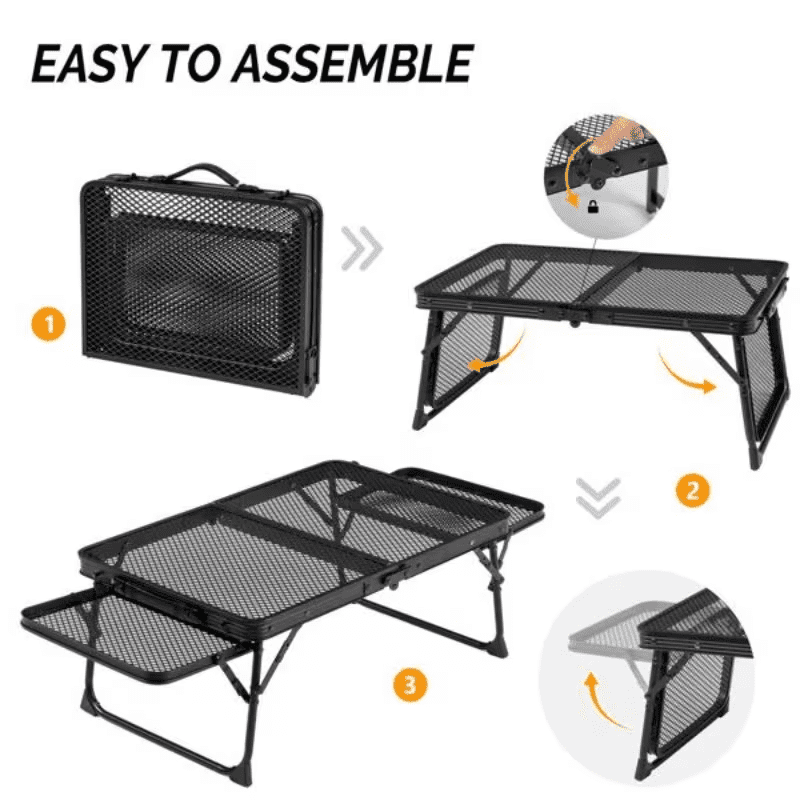 SROEDTY 40 Inch Folding Metal BBQ Grill Table, Adjustable Height Outdoor Cooking Table with 2 Side Tables, Lightweight Portable Design for Camping, Picnic and Backyard Barbecue