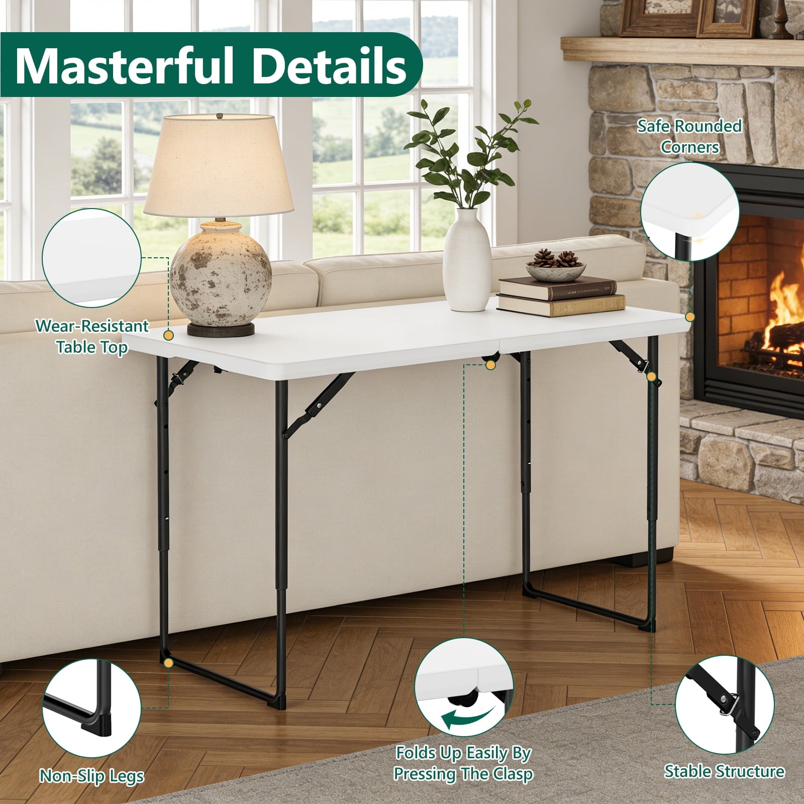 WASUHE Folding Table 4 FT Lightweight Table, Fold-in-Half Plastic Rectangular Table Metal Legs, Easy to Store, Perfect for Party, Dining, Wedding, Events, White