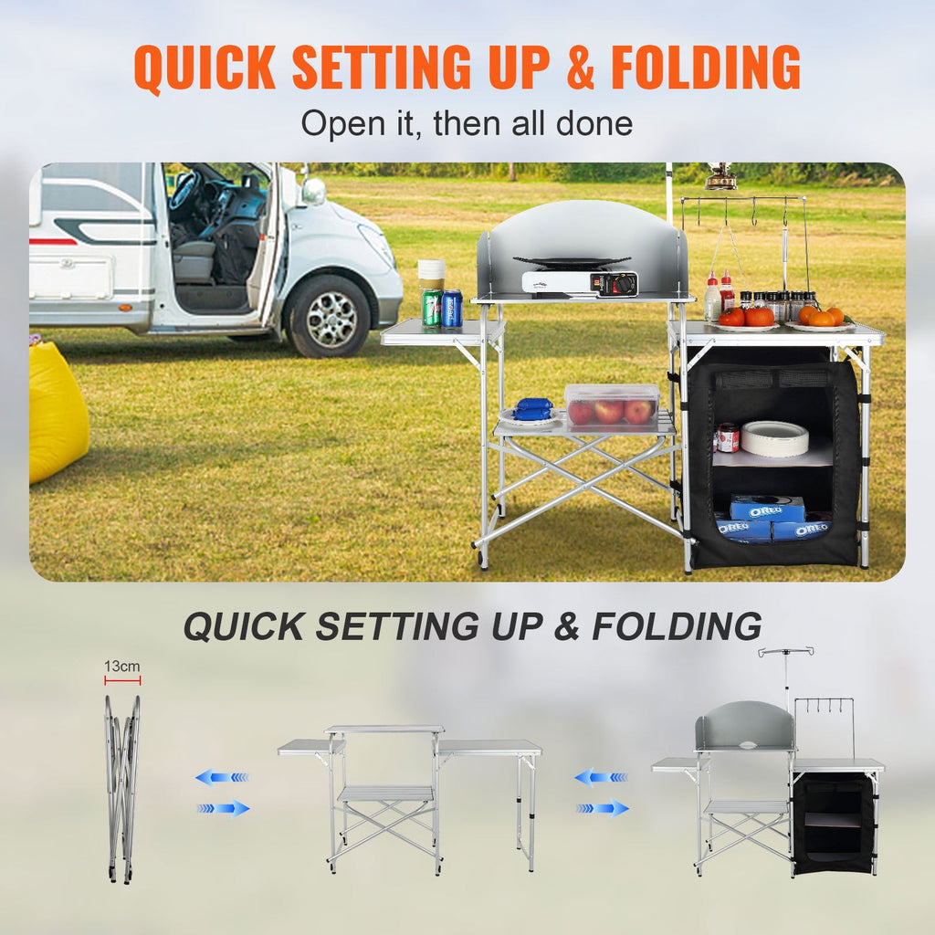VEVOR Camping Kitchen Table, Quick set-up Folding Camping Table with A Carrying Bag, 3 Adjustable Heights, MDF Camping Table, Ideal for Outdoor Picnics, BBQs, Camping, RV Traveling