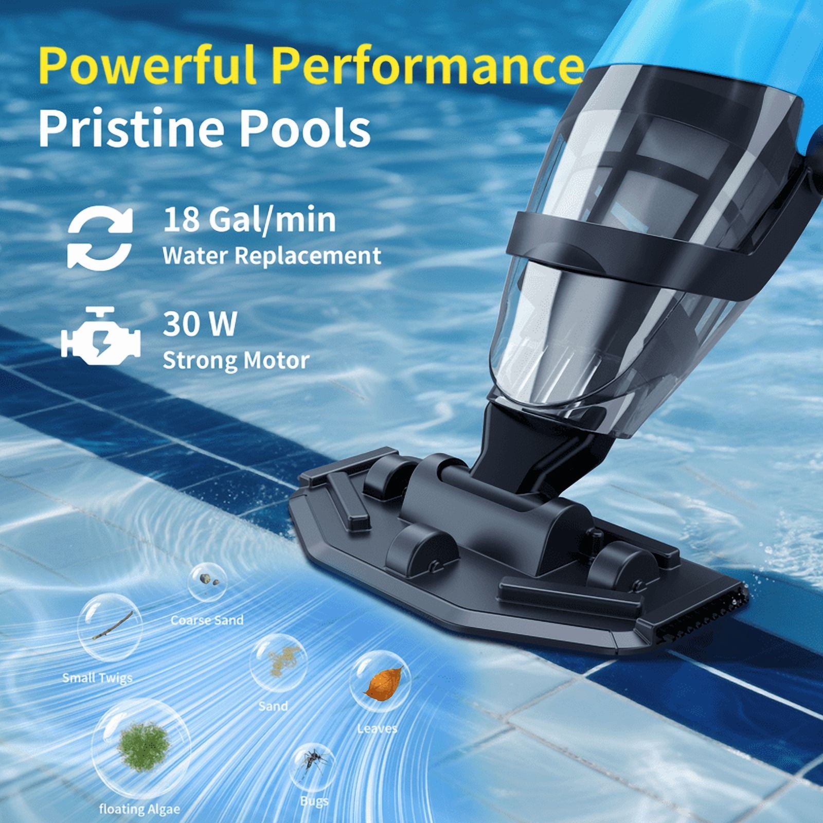 Efurden Cordless Pool Vacuum, Handheld Pool Vacuum with Running Time up to 60-Minutes for Above Ground Pools, Spas and Hot Tubs, Yellow