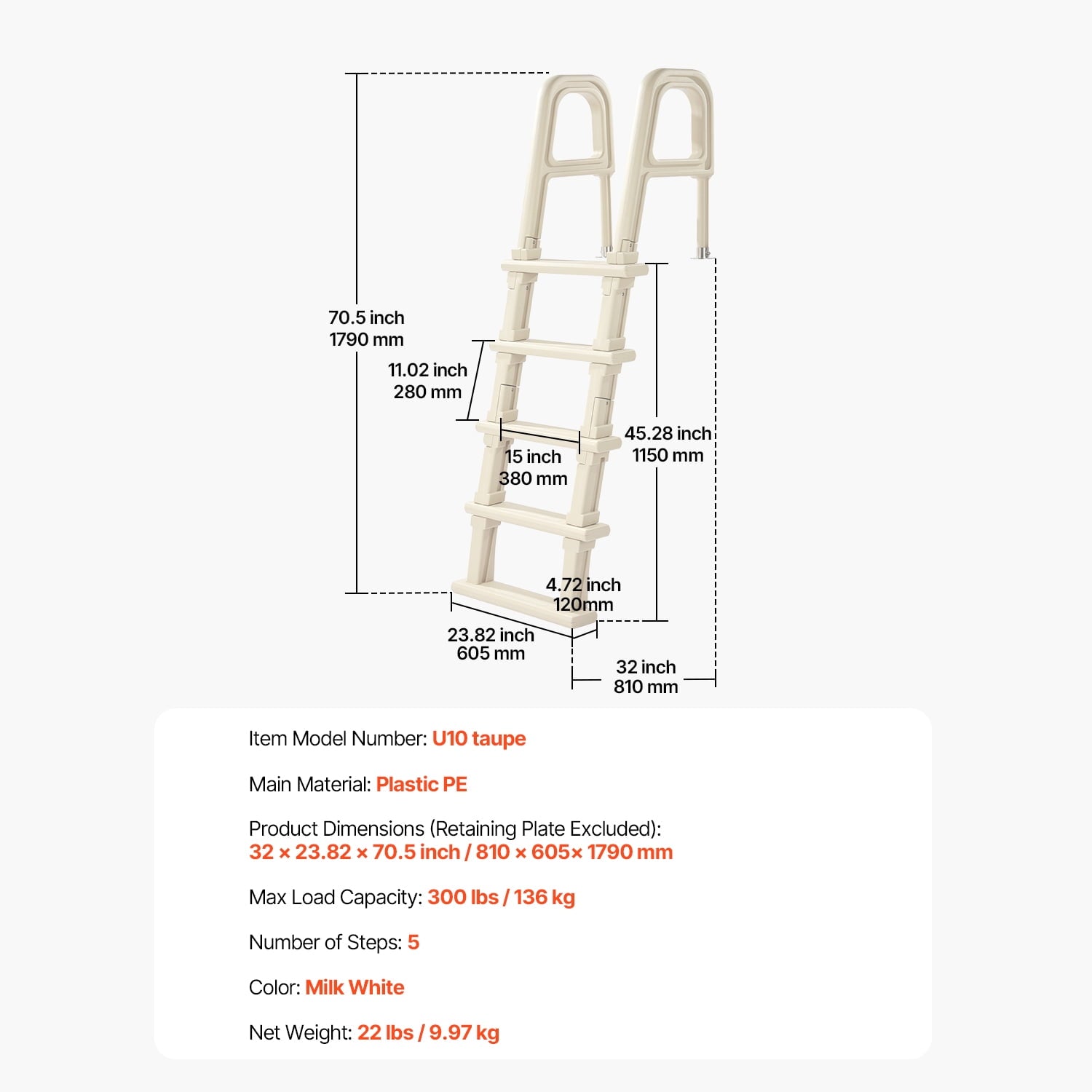 KFFKFF Pool Access Ladder, Angled at 75°, Dual Handrails with 5 Steps, Anti-slip and Robust, Supports up to 300 lbs, Suitable for 48-54 Inch Inground and Above-ground Pools