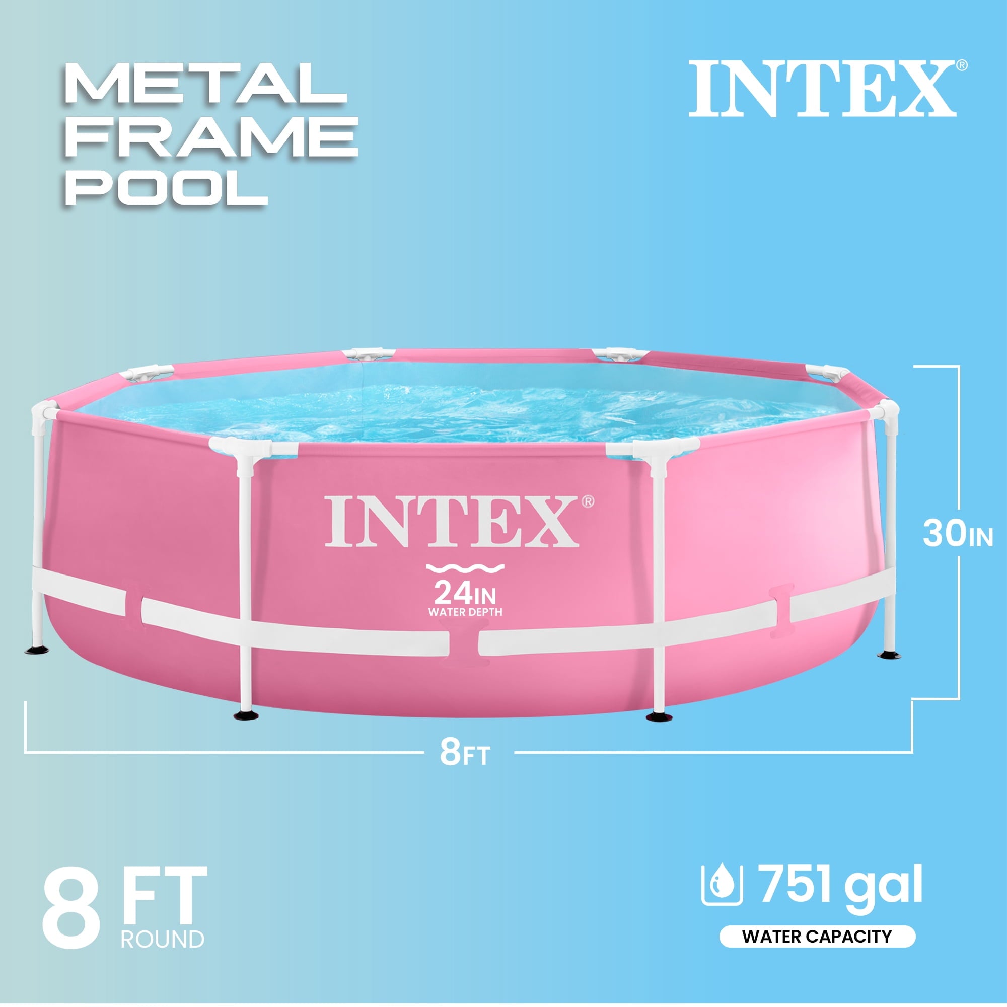 INTEX Round Metal Frame 8ft x 30in Above Ground Swimming Pool, Pink